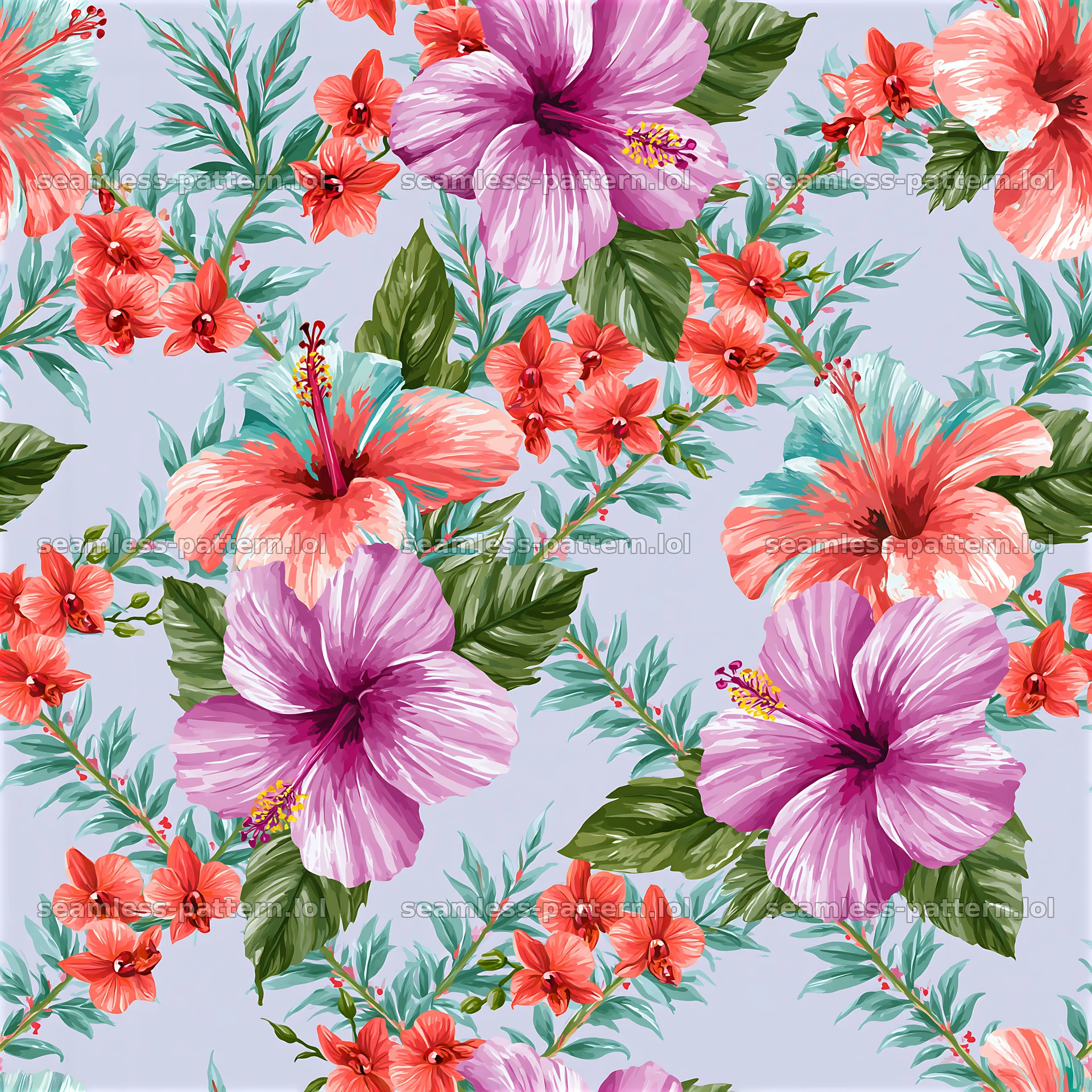 Tropical flower tileable pattern with hibiscus and blossoms — seamless tileable pattern at 8192x8192