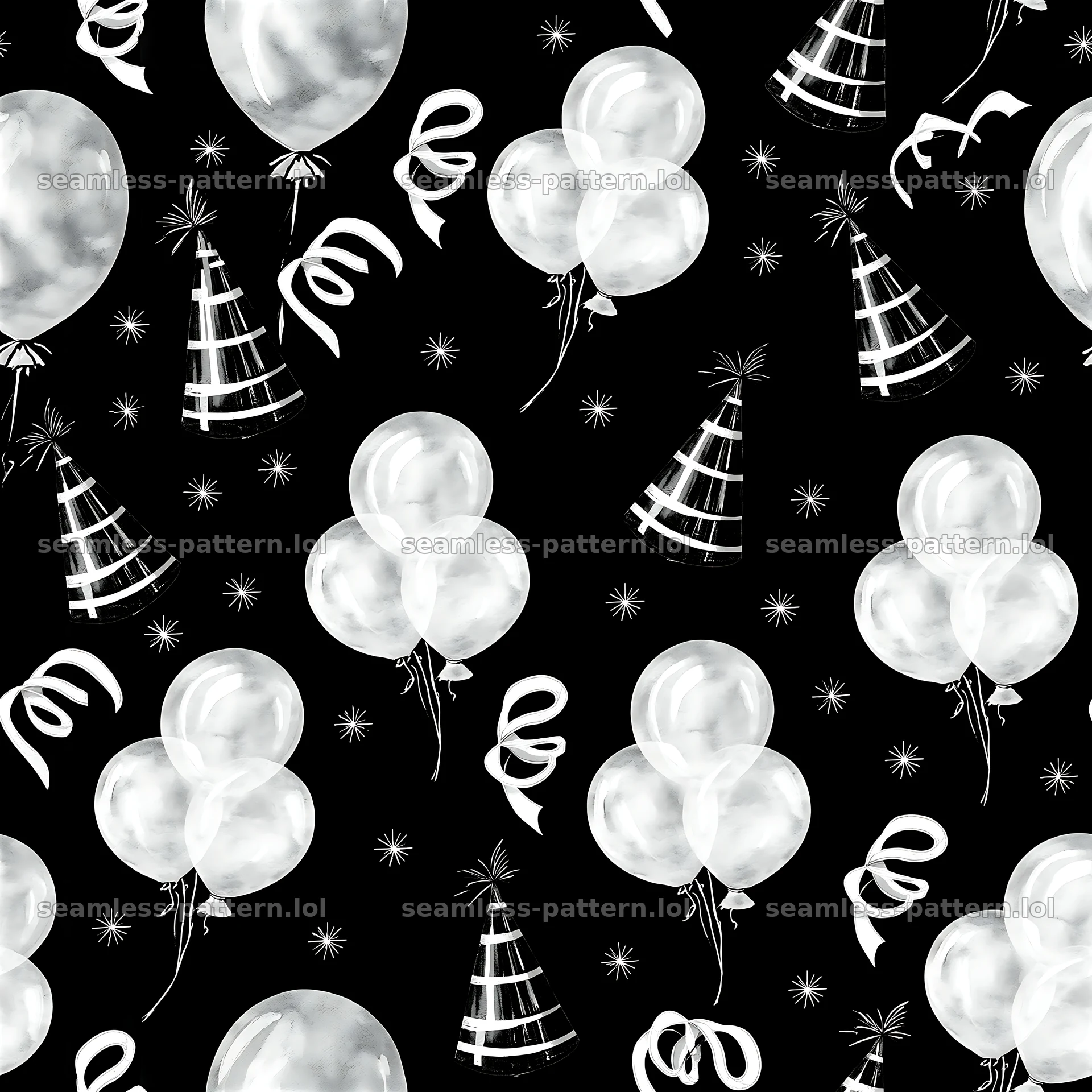 Birthday black and white seamless pattern with balloons and party hats — seamless tileable pattern at 8192x8192