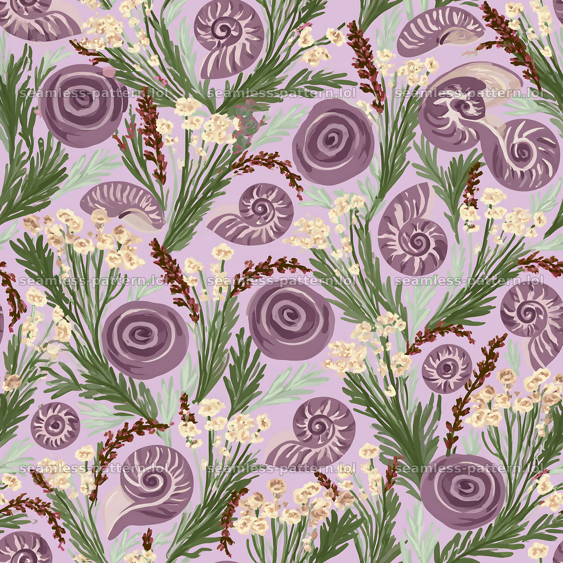 Seamless pattern of spiral shells and moss with soft colors — seamless tileable pattern