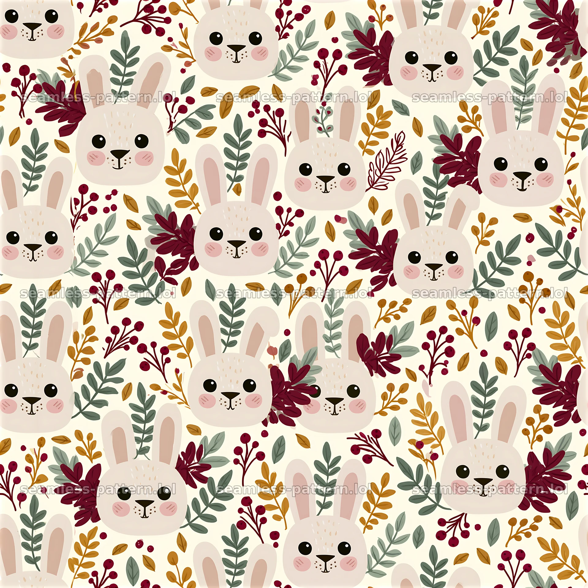 Cute bunny faces seamless pattern with foliage and flowers — seamless tileable pattern at 8192x8192