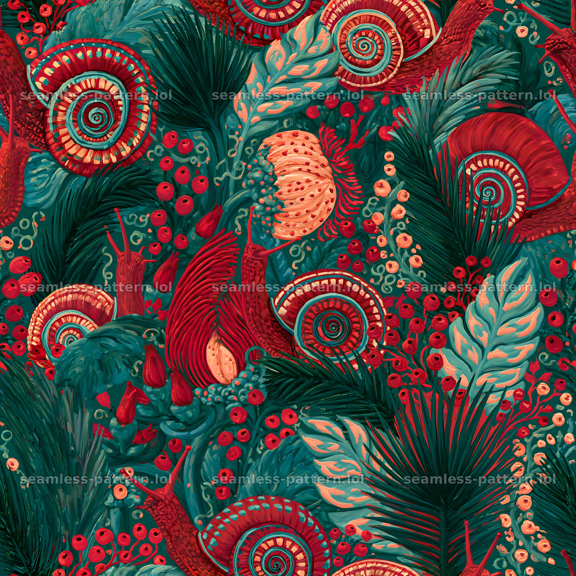 Crimson snail repeating pattern for fabric and wallpaper — seamless tileable pattern