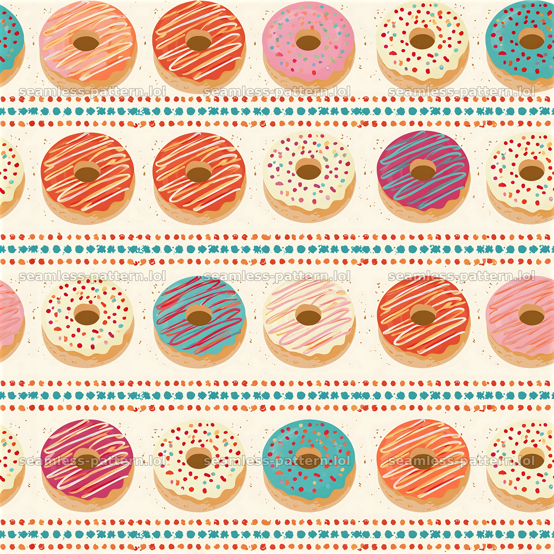 Cute donuts seamless pattern with colorful frosting and sprinkles — seamless tileable pattern at 8192x8192