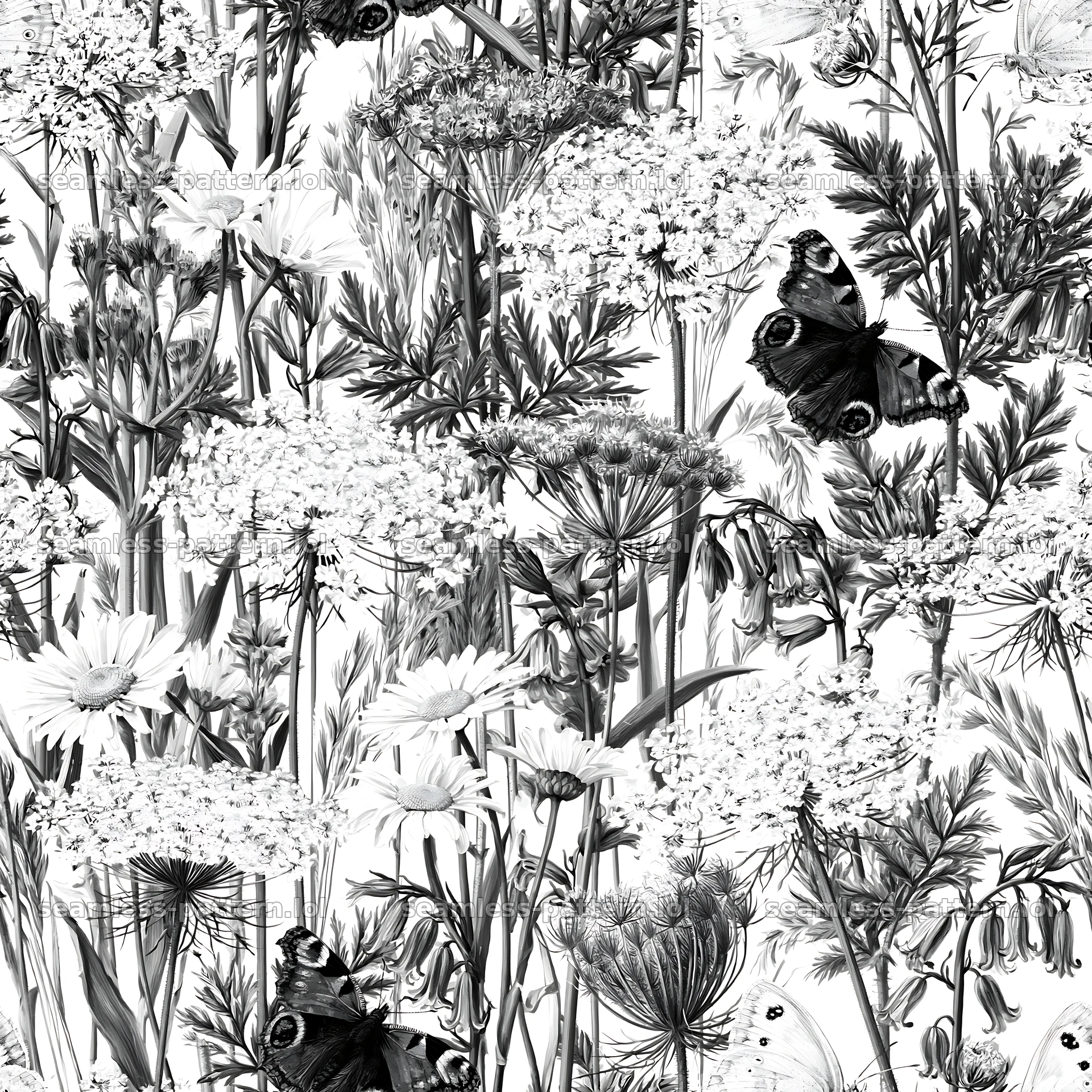 Butterfly and wildflower seamless pattern in monochrome — seamless tileable pattern