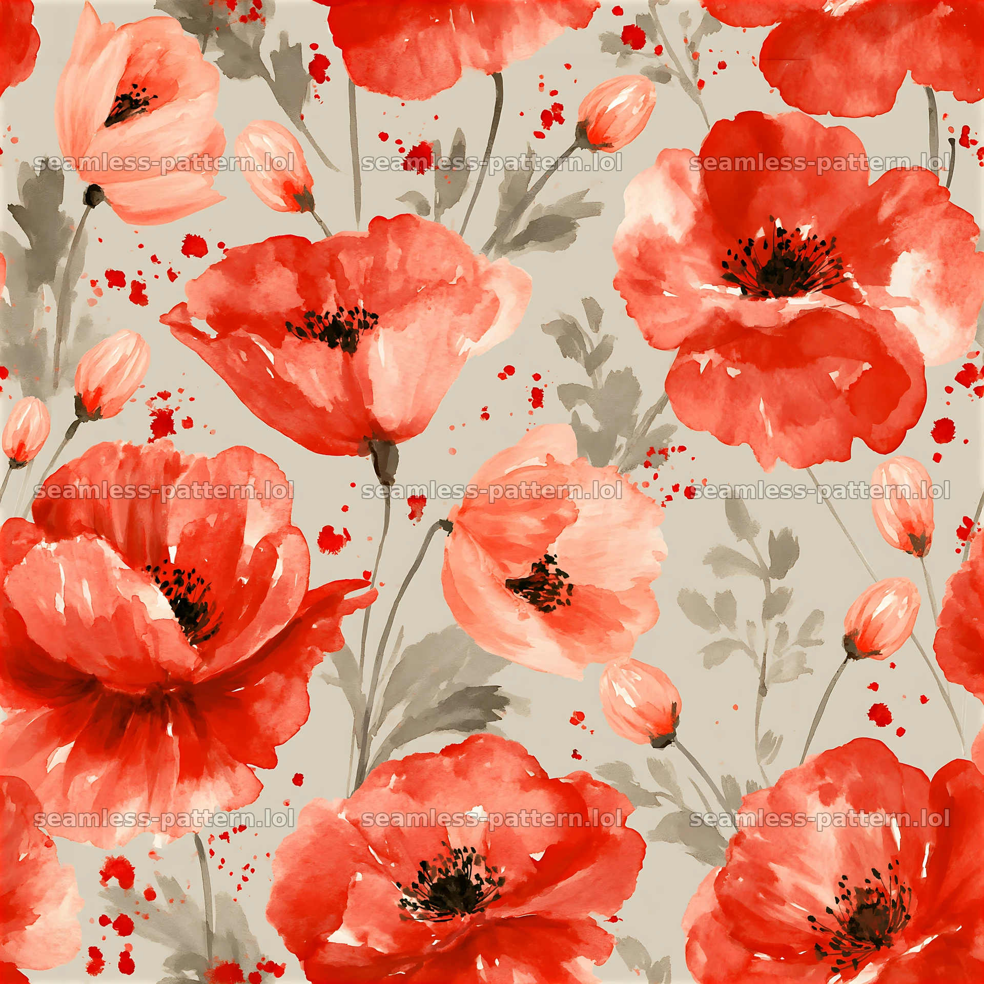 Tileable watercolor red flower pattern with shades of crimson and pink — seamless tileable pattern at 8192x8192