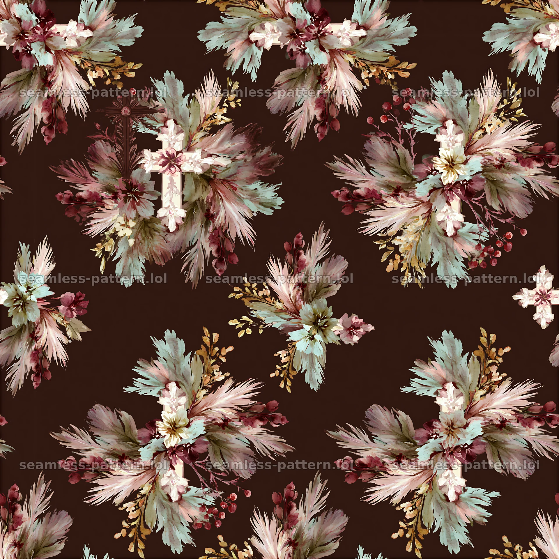 Repeating pattern of floral cross wreaths in vintage watercolor — seamless tileable pattern at 8192x8192