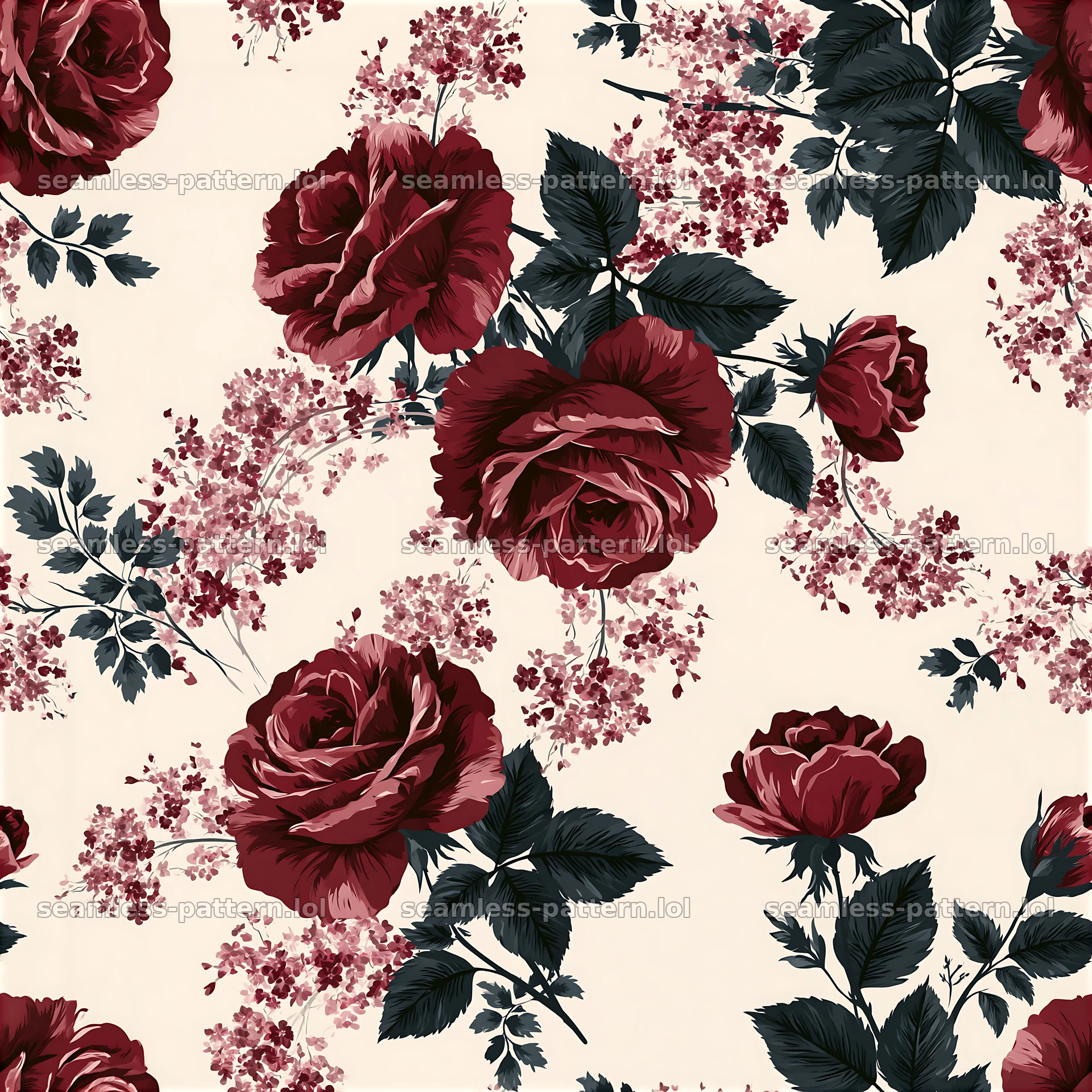Romantic roses seamless pattern features dark red flowers and greenery — seamless tileable pattern at 8192x8192