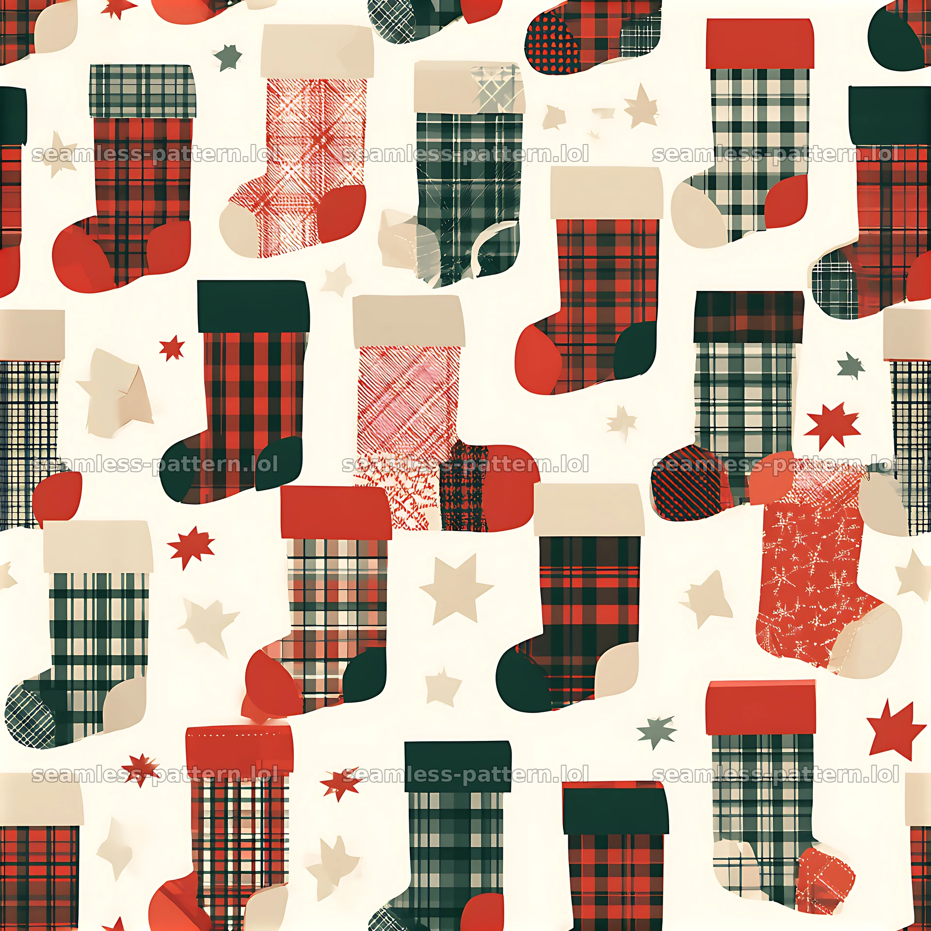 Seamless Christmas stocking pattern with various designs and colors — seamless tileable pattern at 8192x8192