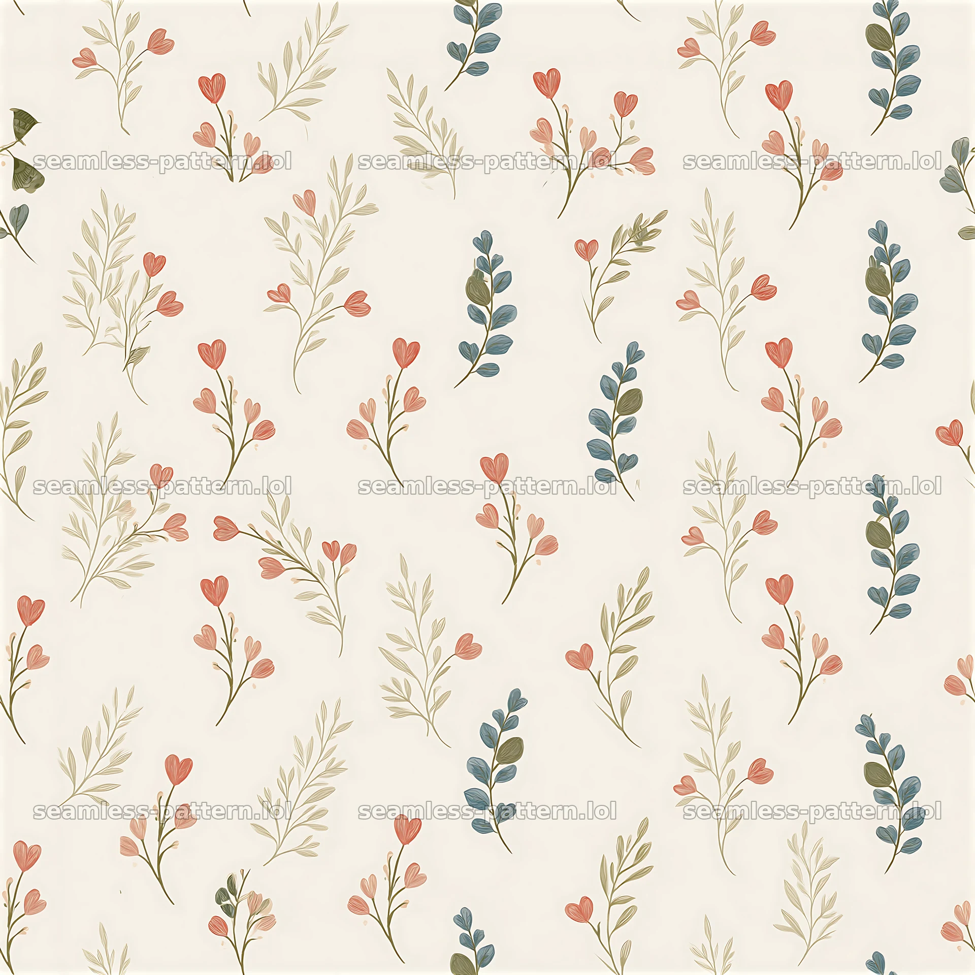Seamless botanical heart pattern filled with small flowers and leaves — seamless tileable pattern at 8192x8192