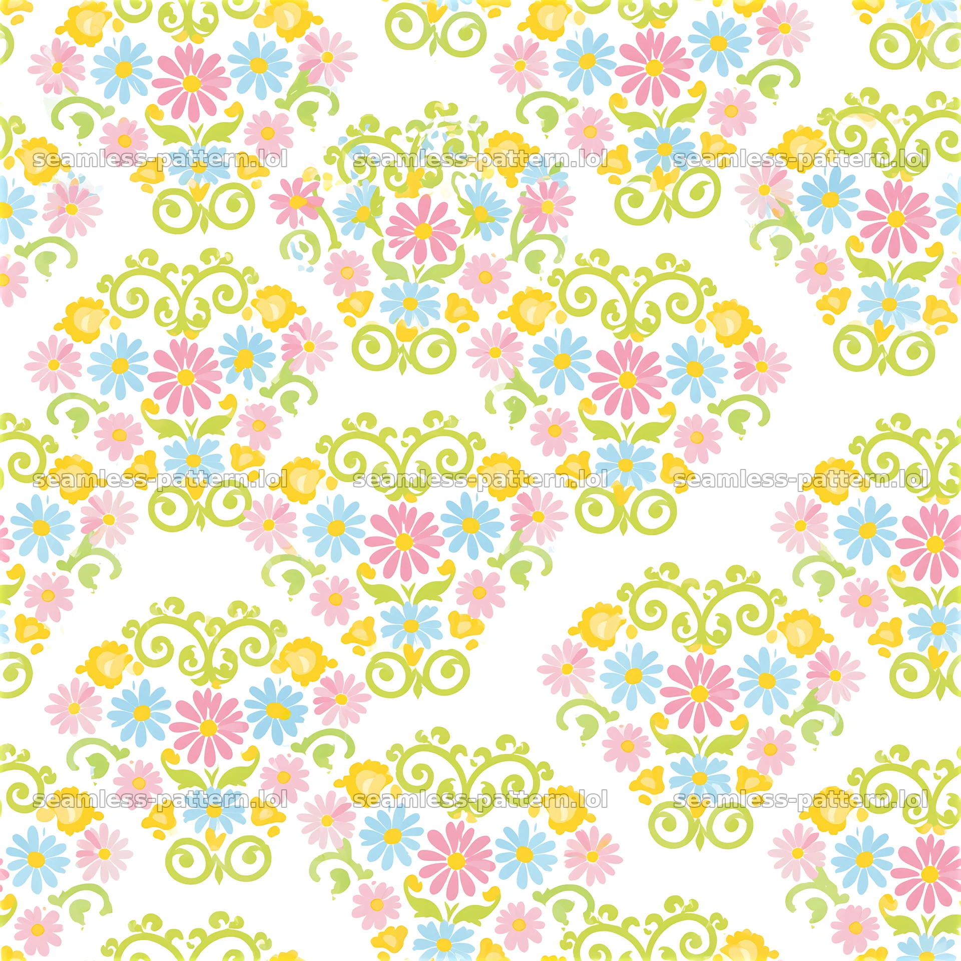 Floral heart medallions repeat pattern with colorful blooms and shapes — seamless tileable pattern at 8192x8192
