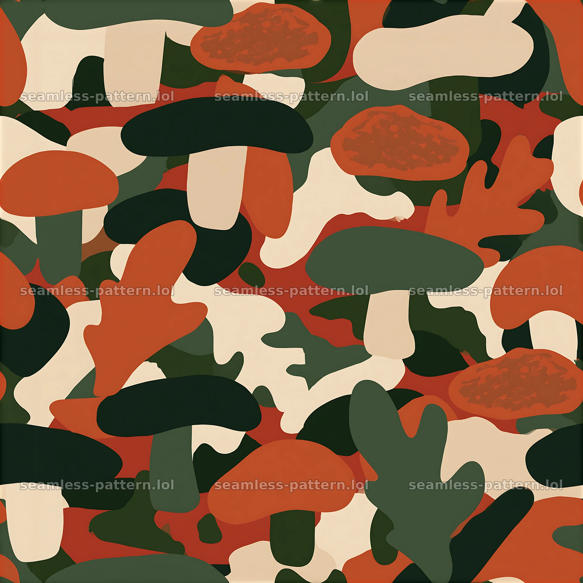 Seamless camouflage pattern featuring mushrooms and leaves in earthy tones — seamless tileable pattern at 8192x8192