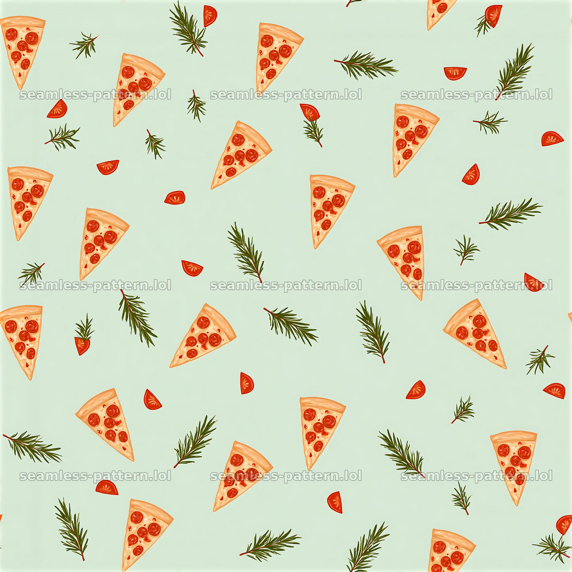 Seamless tablecloth pizza pattern with peppers and herbs — seamless tileable pattern at 8192x8192