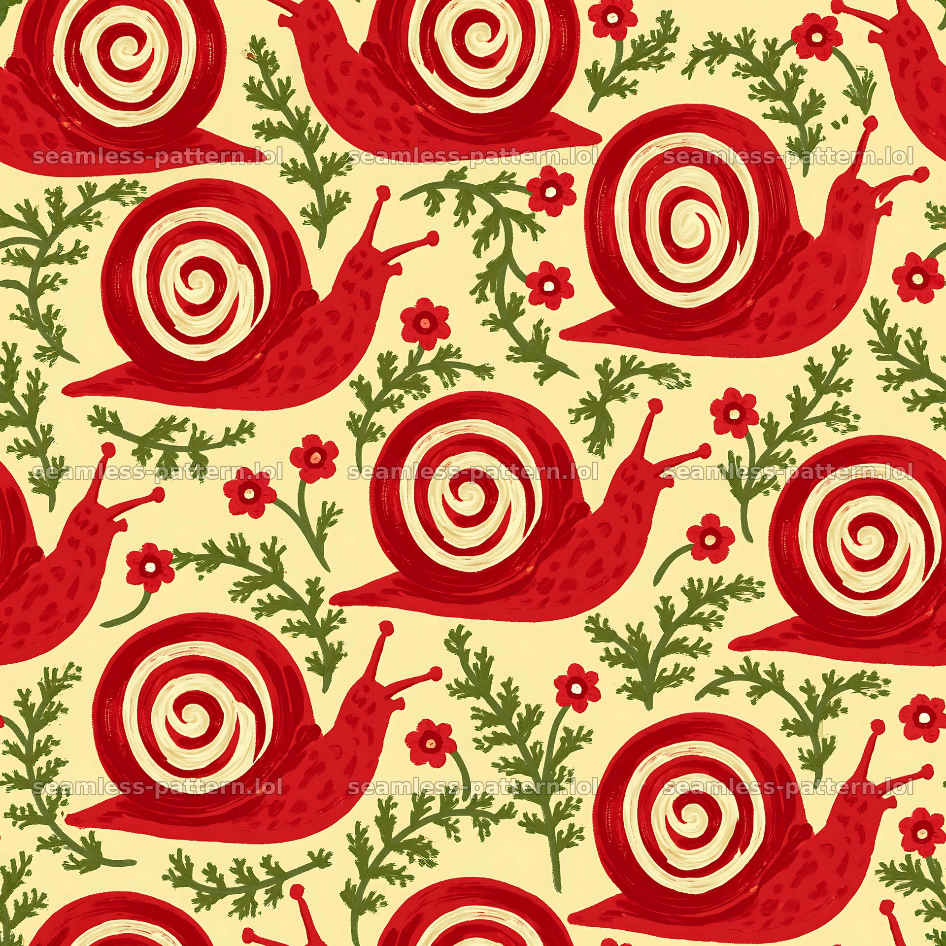 Red garden snail repeat pattern for fabric and wallpaper — seamless tileable pattern
