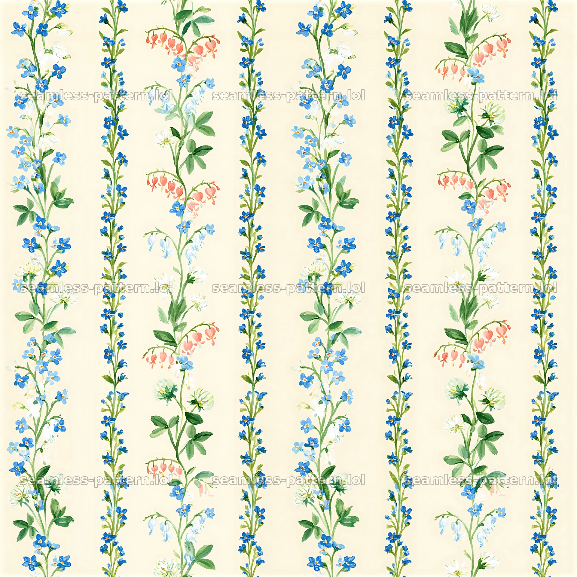 Repeat watercolor floral stripe pattern with colorful flowers — seamless tileable pattern at 8192x8192