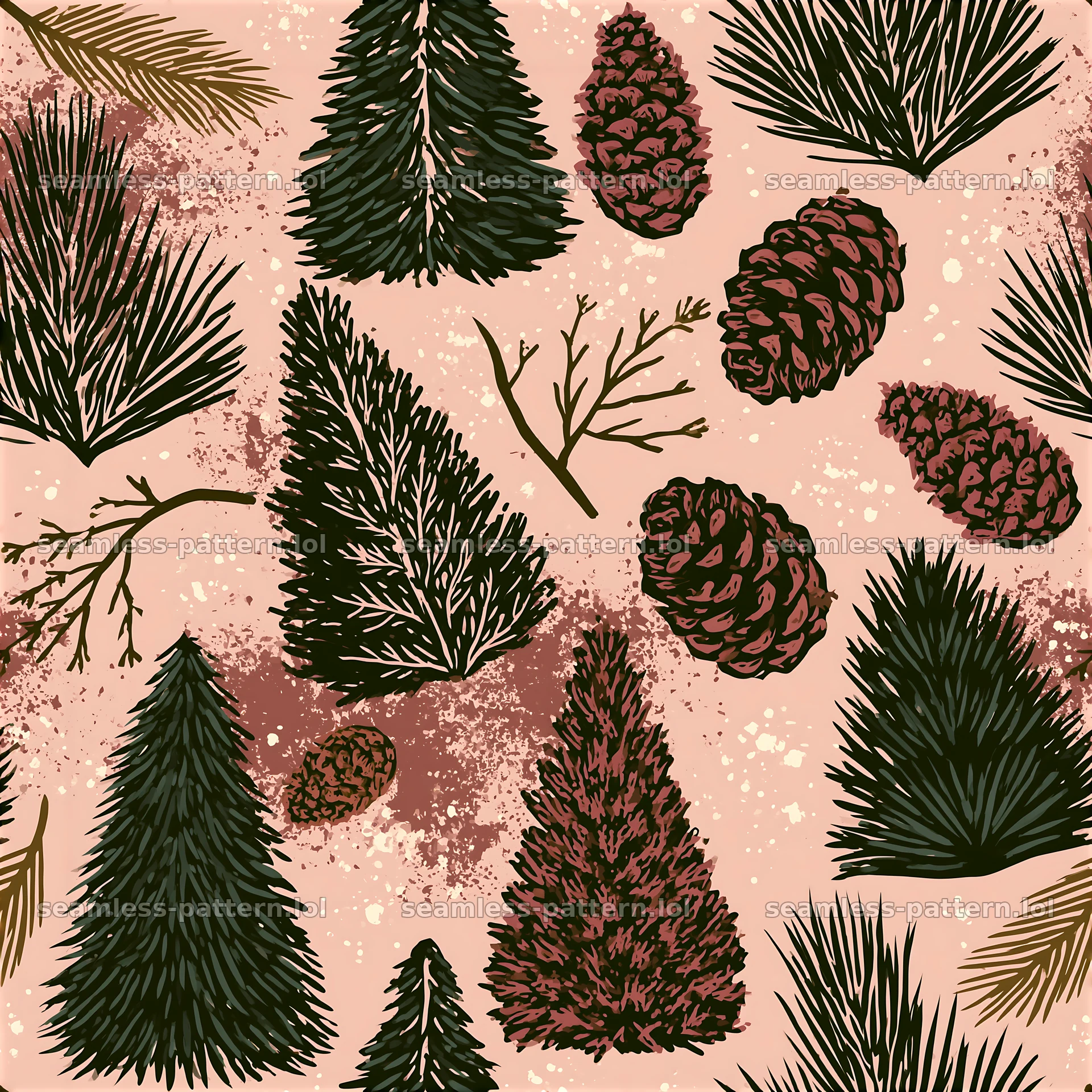 Seamless fir tree pattern with pine cones on a pink background — seamless tileable pattern at 8192x8192