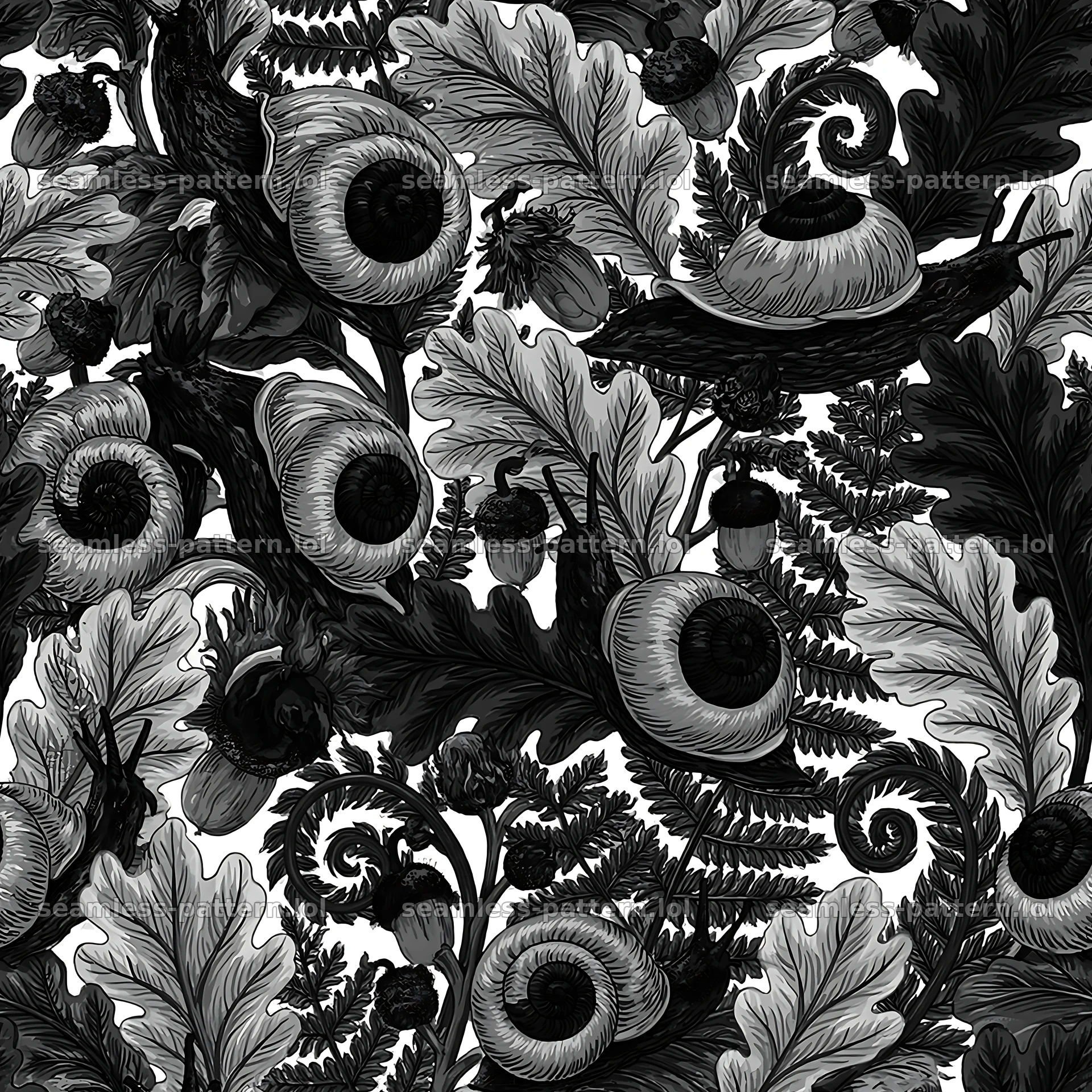 Red snail and foliage repeat pattern for textiles and wallpaper — seamless tileable pattern