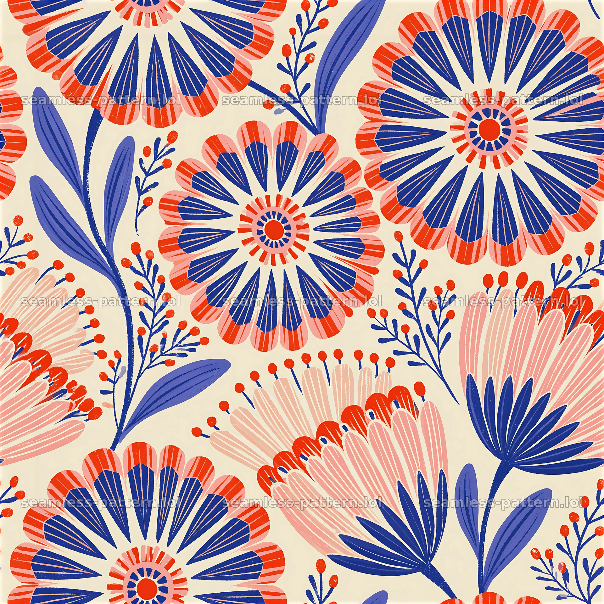 Folk art flower seamless pattern with bold petals and leaves — seamless tileable pattern at 8192x8192