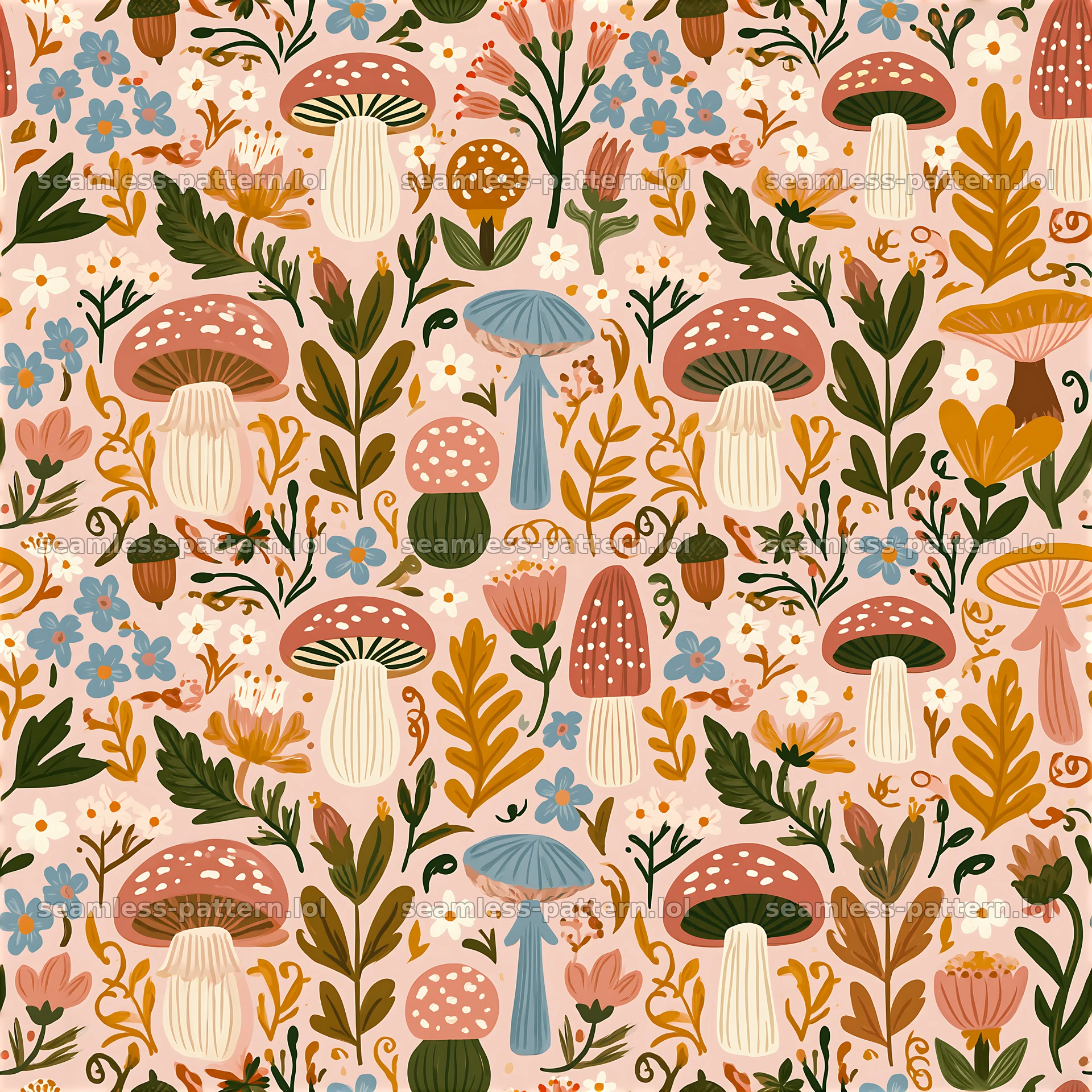 Colorful folk art seamless pattern featuring mushrooms and flowers — seamless tileable pattern at 8192x8192