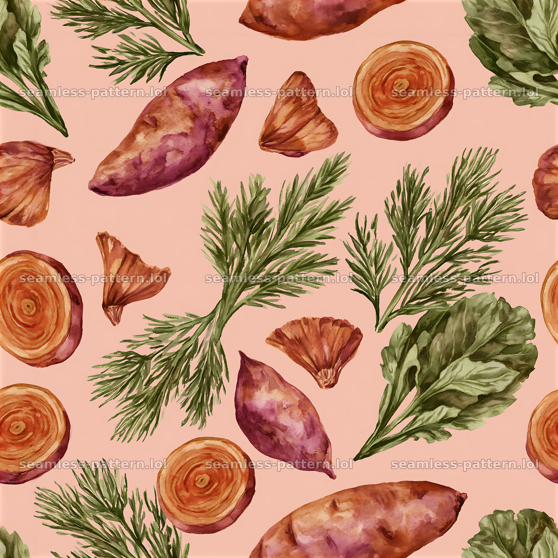 Seamless watercolor vegetable pattern with roots and greens — seamless tileable pattern at 8192x8192