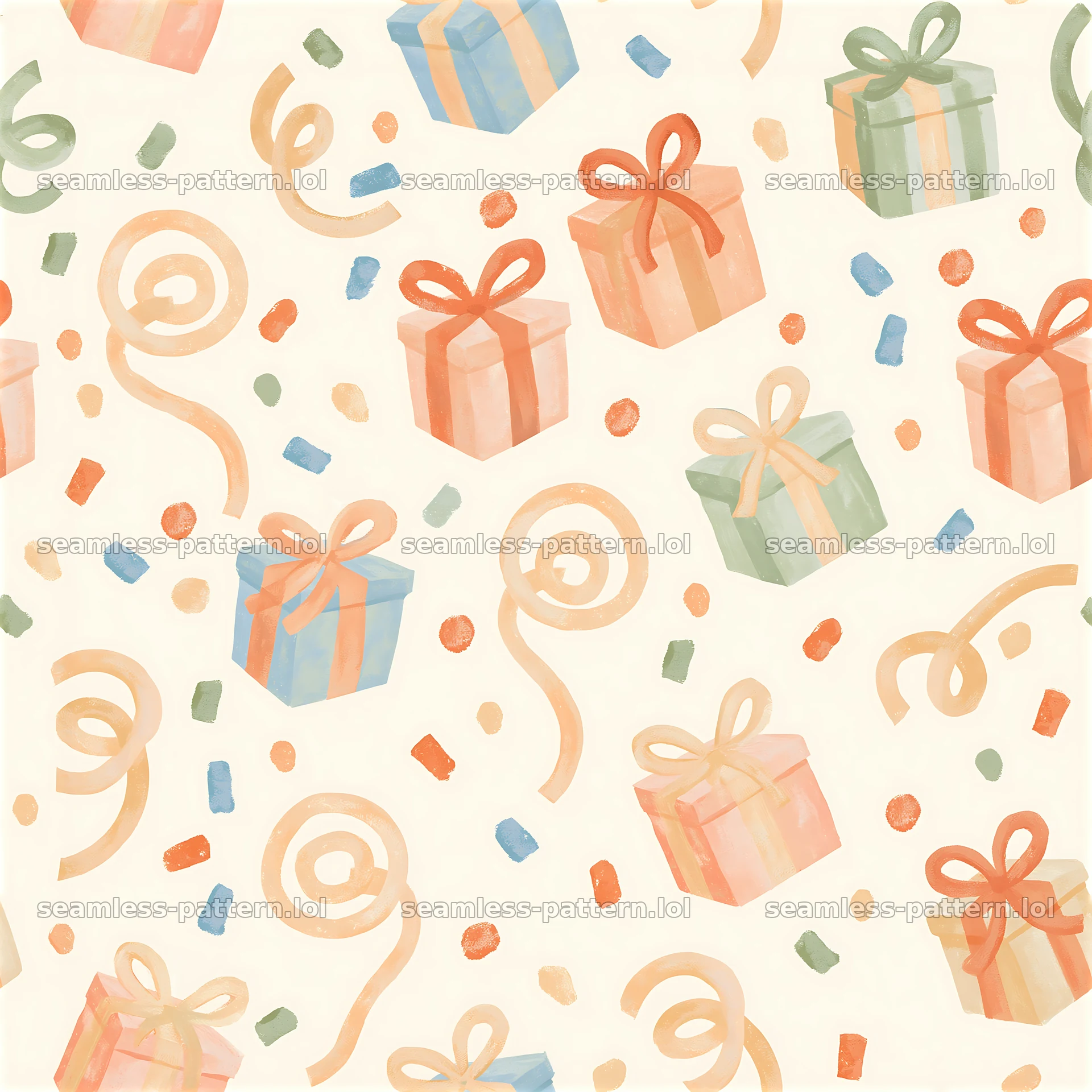 Seamless texture with gift boxes and streamers on a light background — seamless tileable pattern at 8192x8192