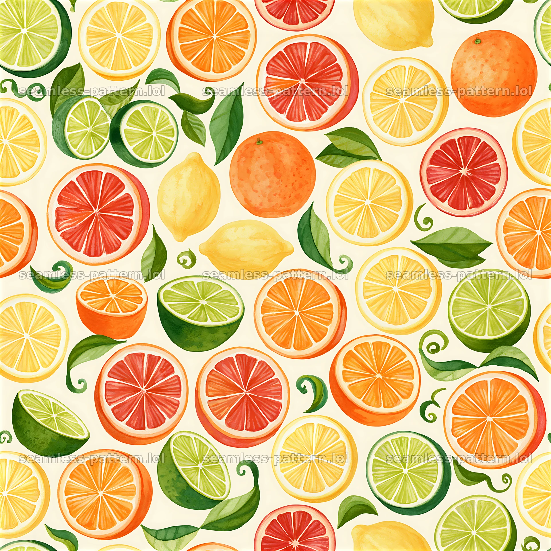 Colorful citrus seamless pattern with oranges, lemons, and limes — seamless tileable pattern at 8192x8192