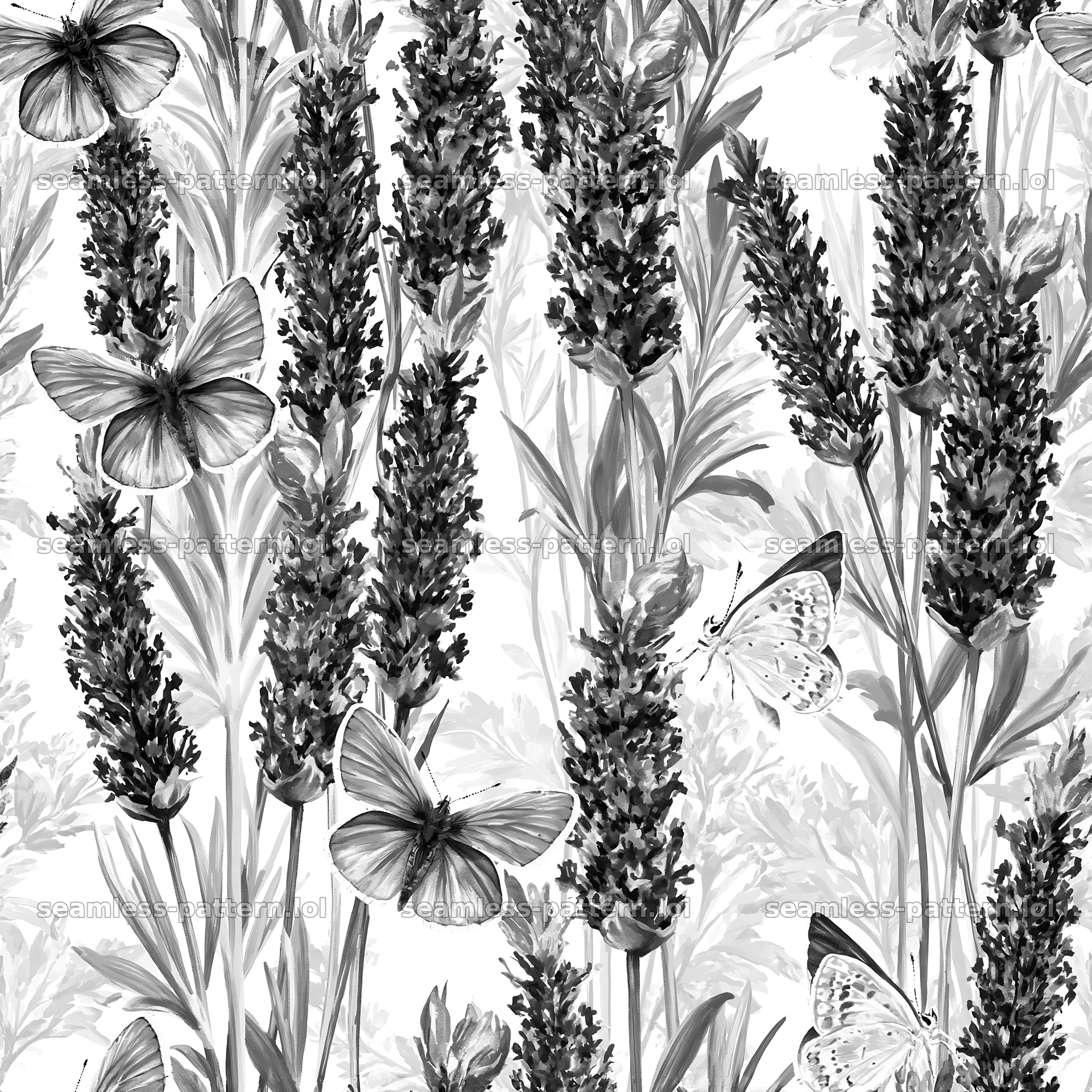 Butterfly and lavender seamless pattern design in black and white — seamless tileable pattern