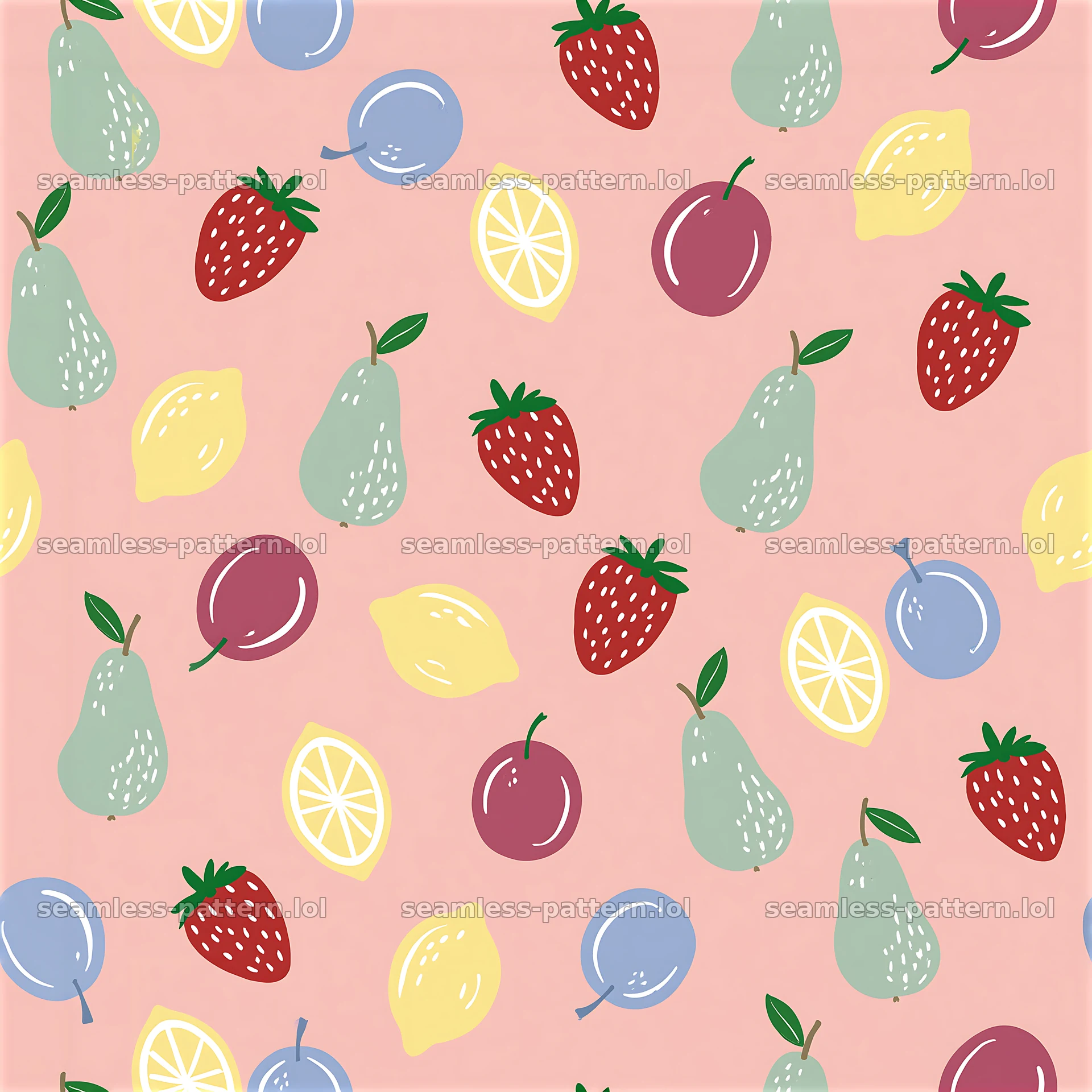 Funky fruit seamless pattern on a pink background with various fruits — seamless tileable pattern at 8192x8192