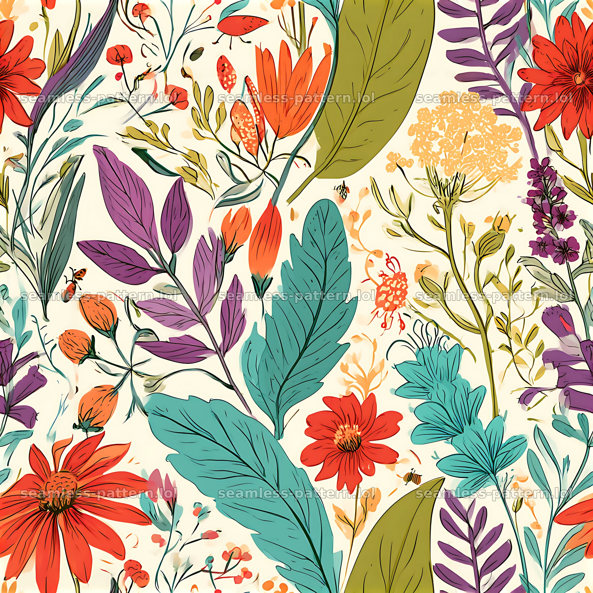 Colorful botanical doodles seamless pattern with various flowers and leaves — seamless tileable pattern at 8192x8192
