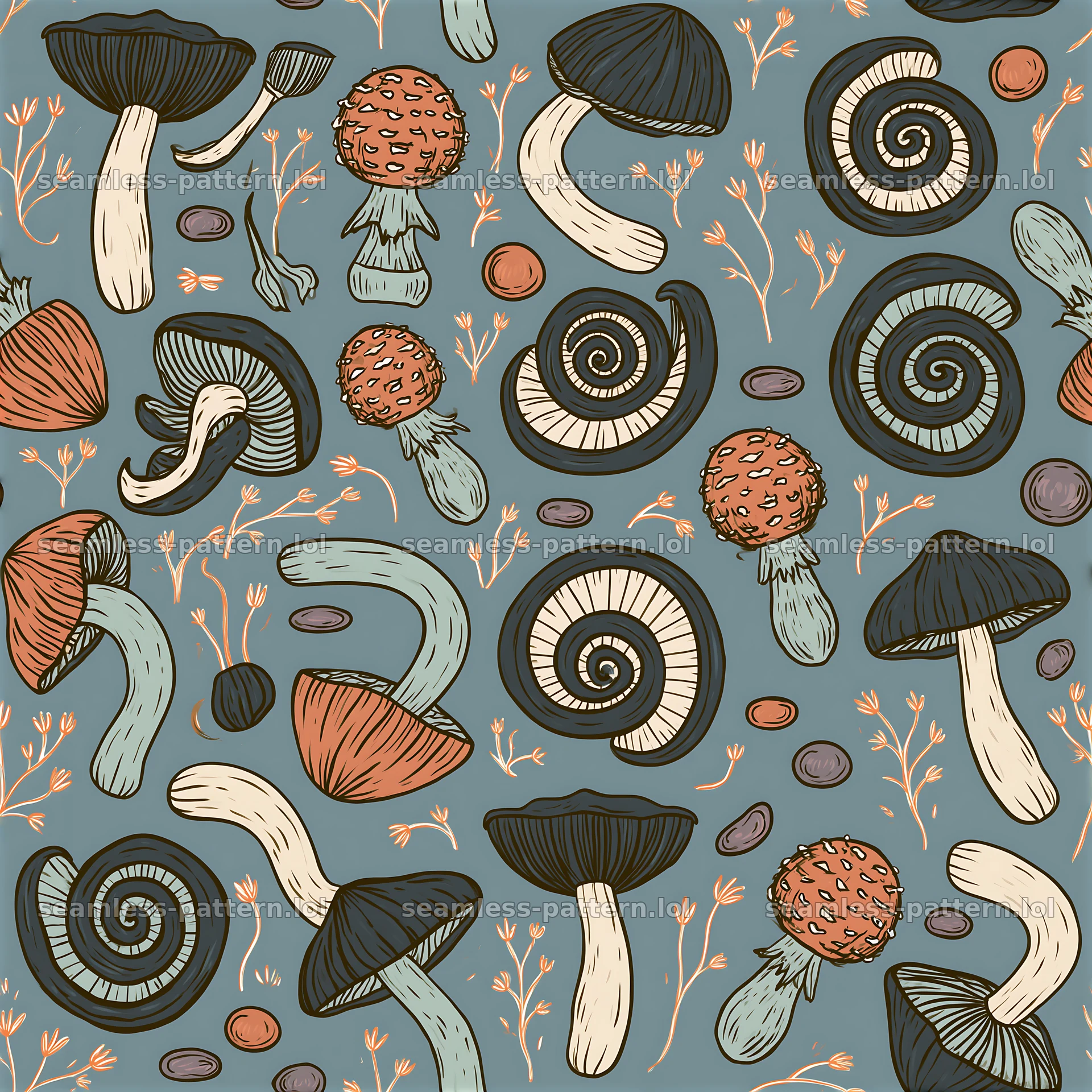 Funky mushroom tileable pattern with spiral shapes and small plants — seamless tileable pattern at 8192x8192