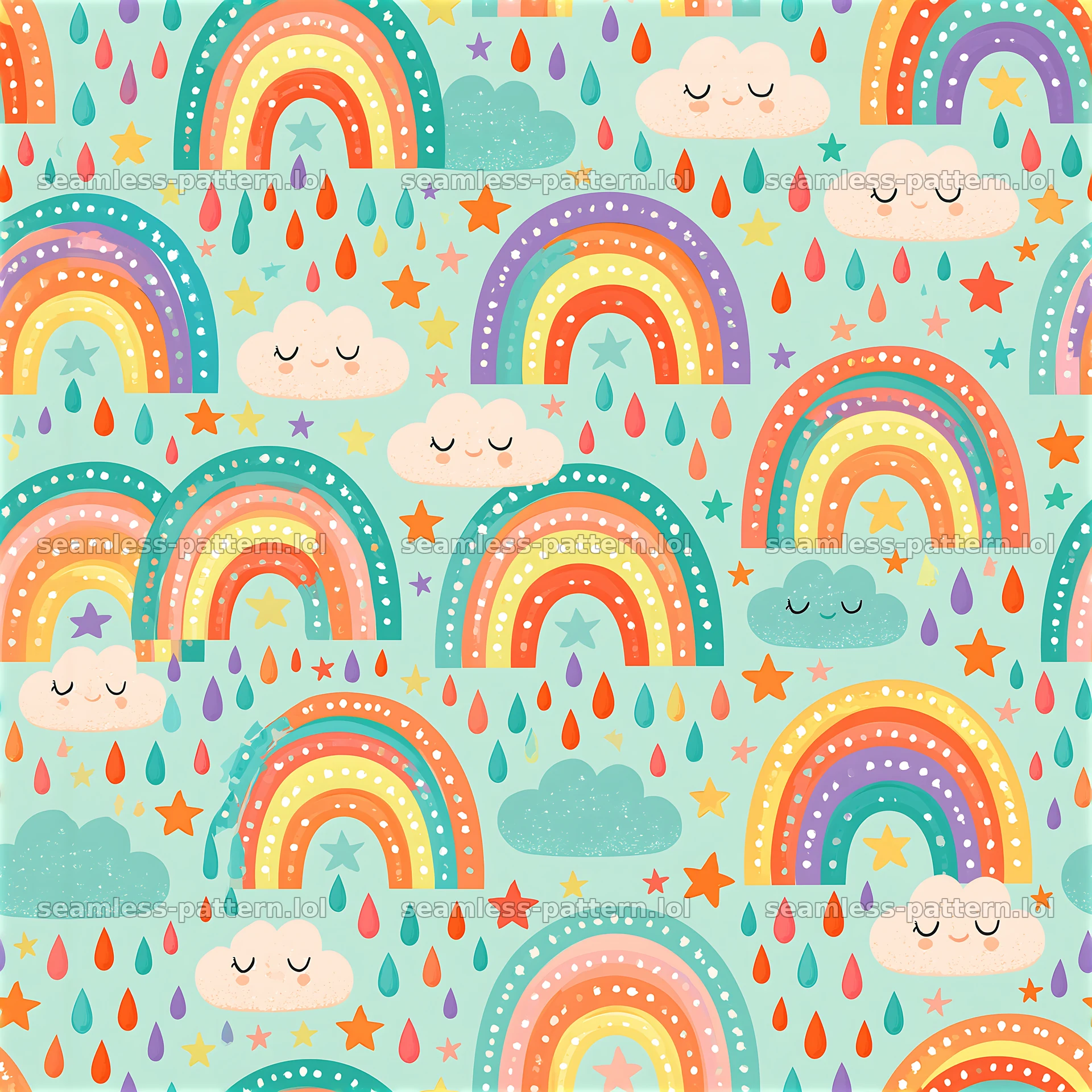 Colorful rainbow seamless pattern for kids with clouds and stars — seamless tileable pattern at 8192x8192