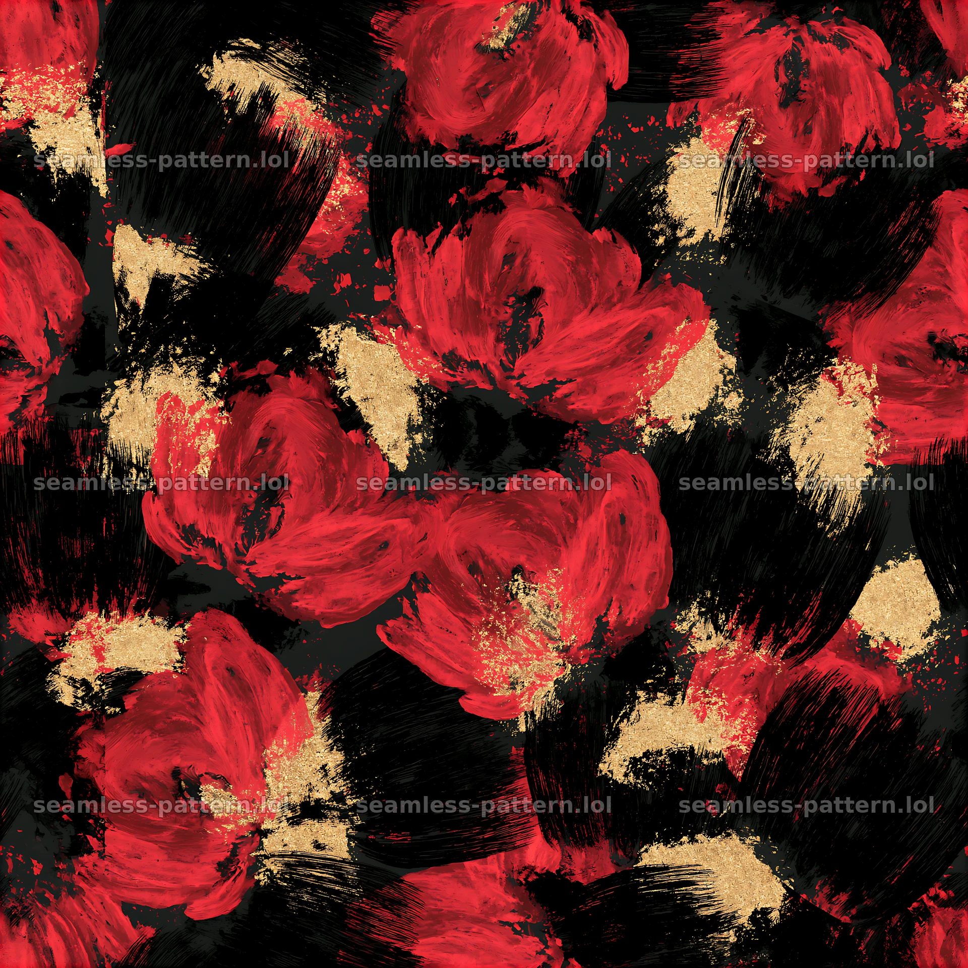Brushstroke black red gold seamless pattern with bold floral elements — seamless tileable pattern at 8192x8192