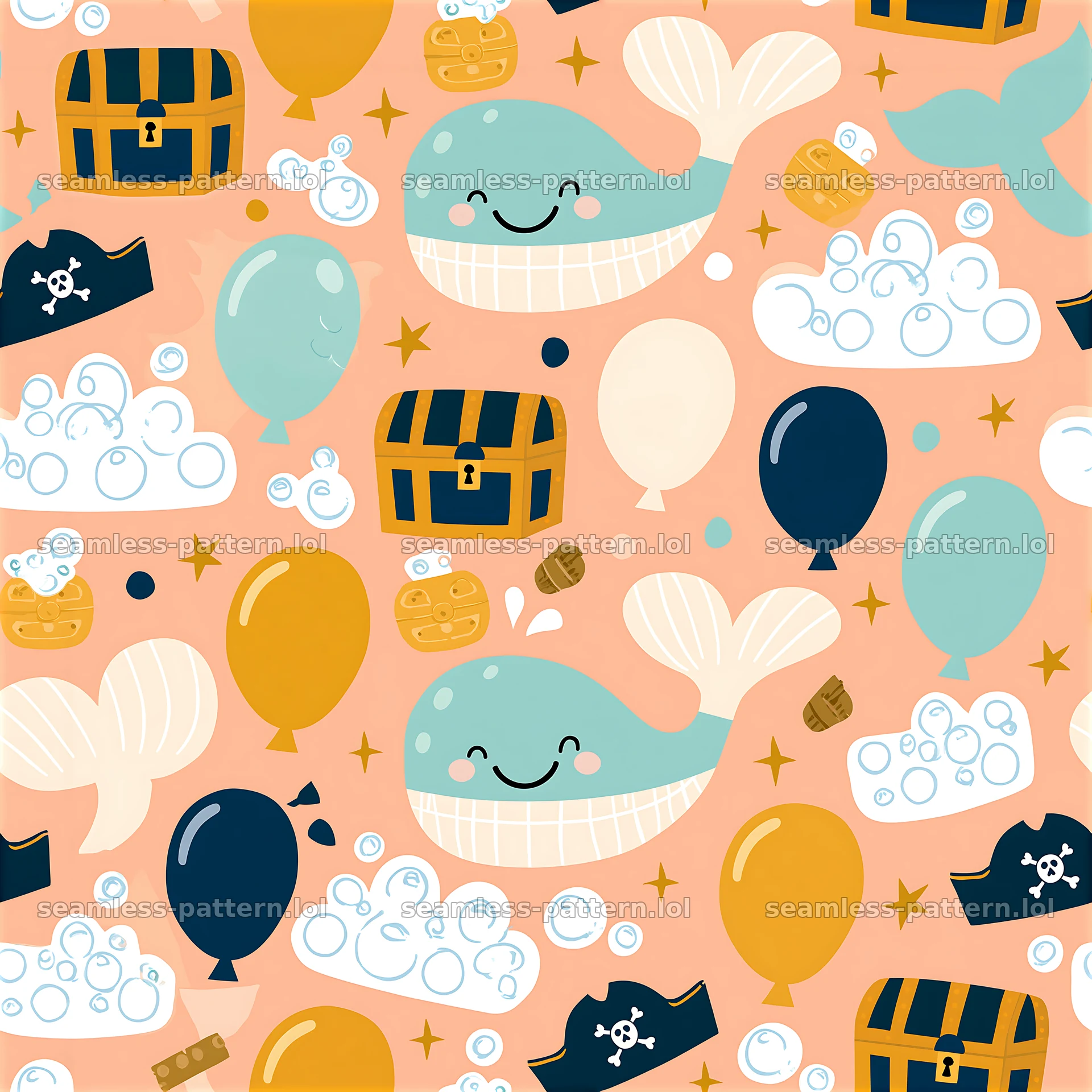 Birthday pirate party seamless pattern with whales and balloons — seamless tileable pattern at 8192x8192