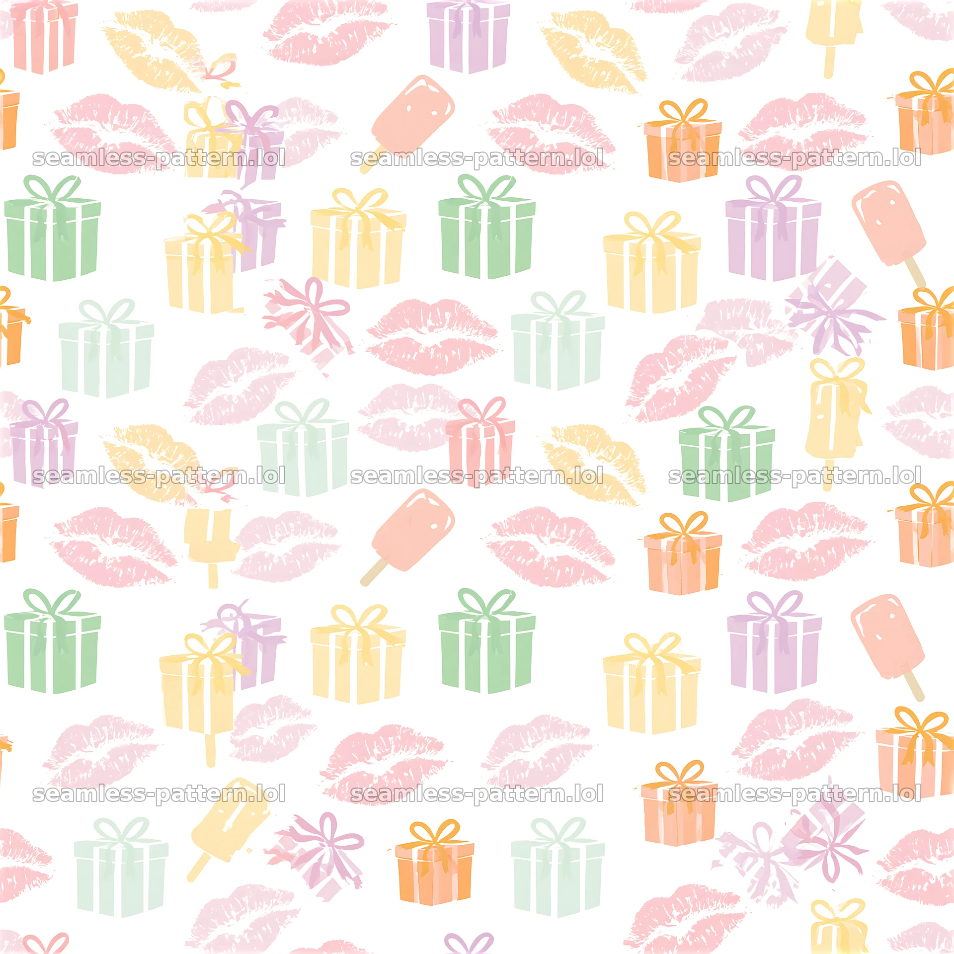 Seamless pattern of kiss prints with colorful gift boxes — seamless tileable pattern at 8192x8192