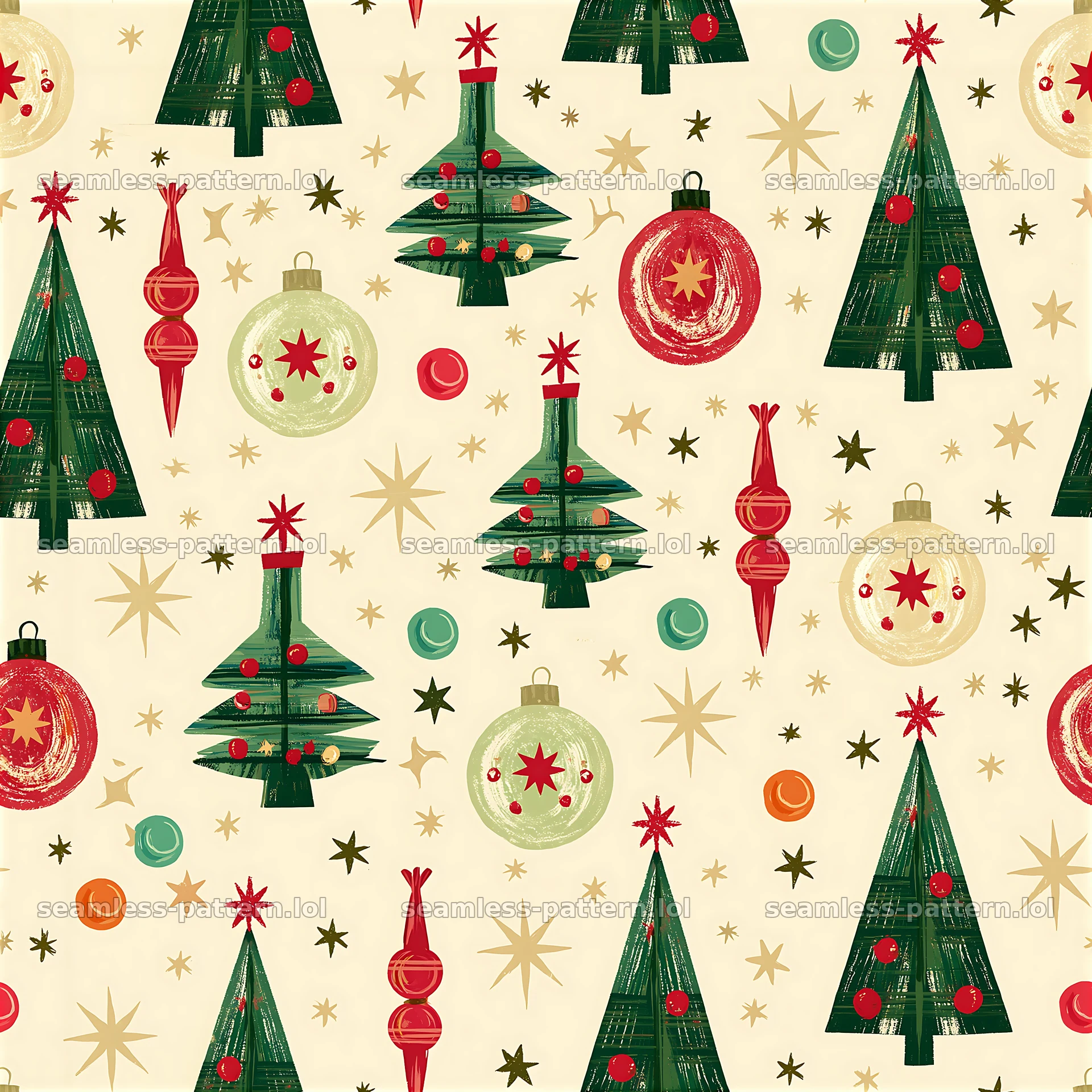 Seamless retro Christmas pattern featuring trees and ornaments — seamless tileable pattern at 8192x8192