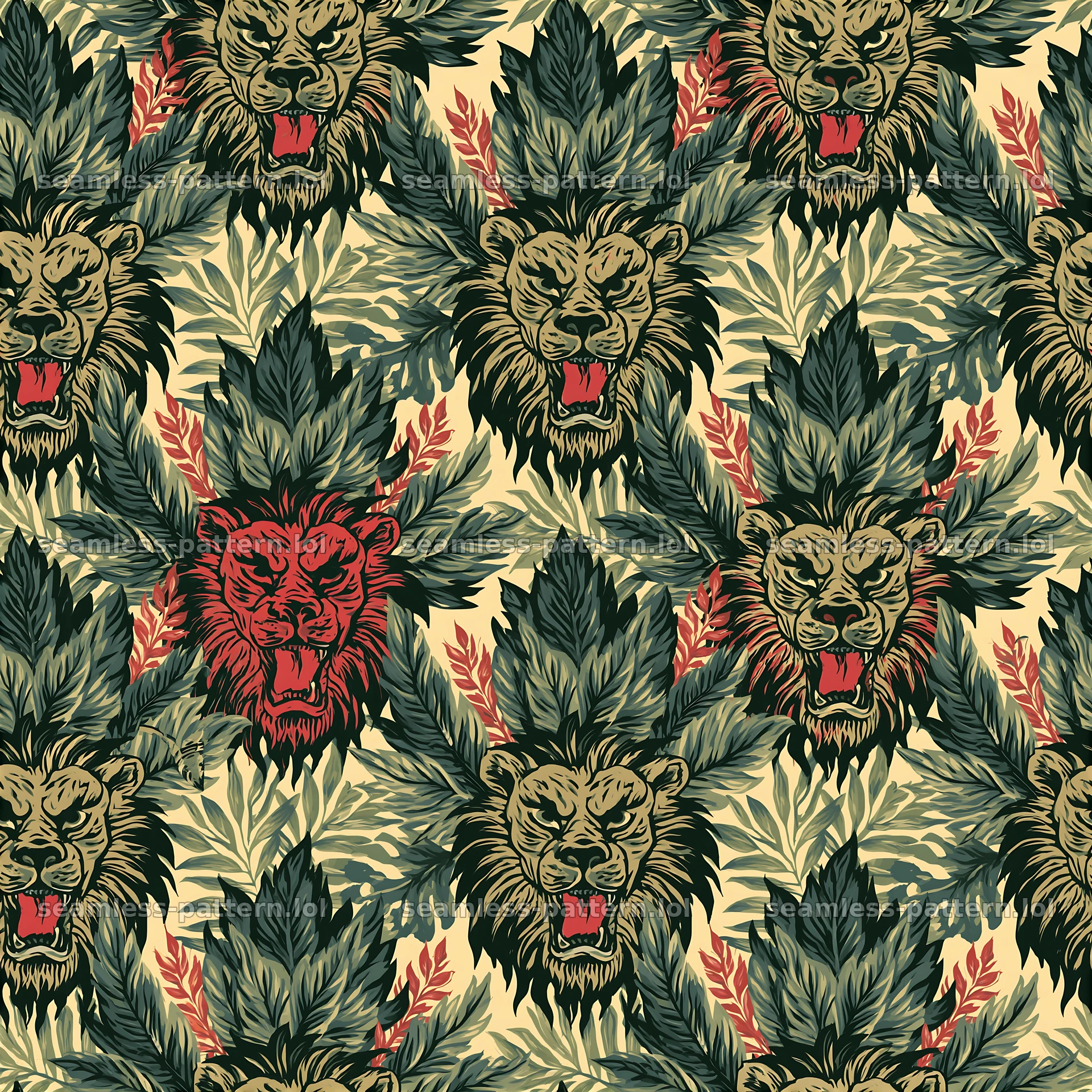 Jungle lion head tileable pattern with leaves in green and red — seamless tileable pattern at 8192x8192