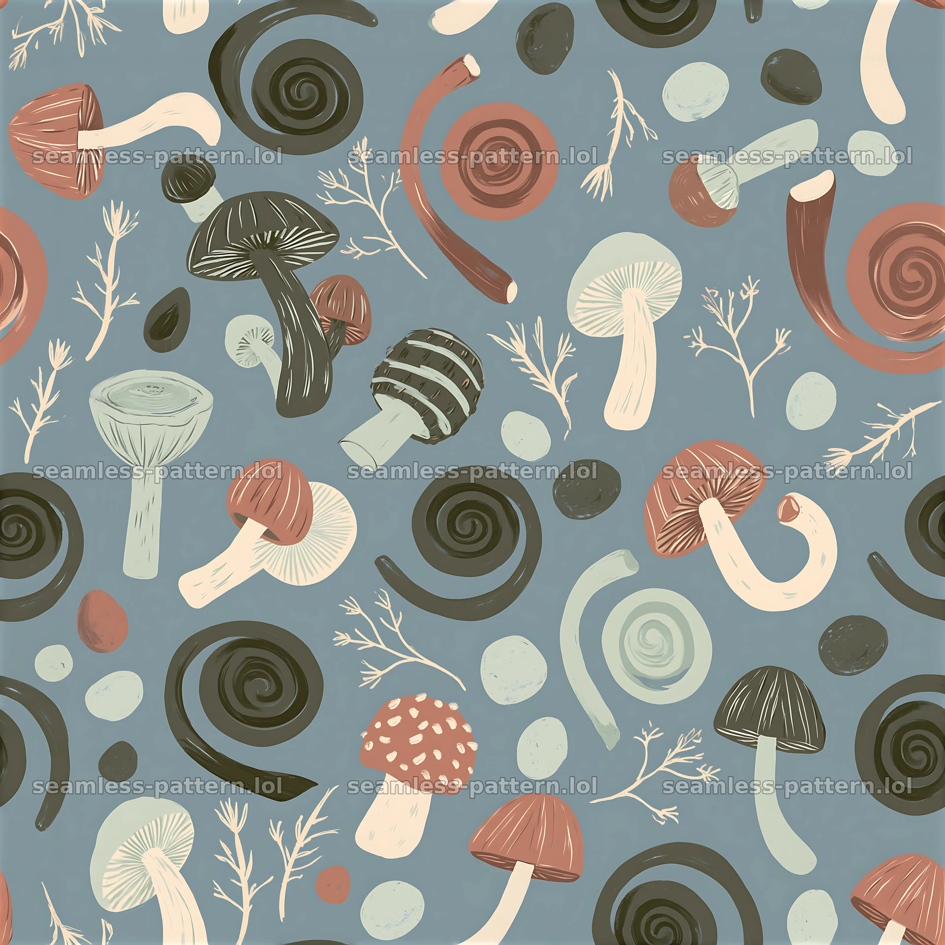 Funky mushroom tileable pattern with varied mushrooms and swirls — seamless tileable pattern at 8192x8192