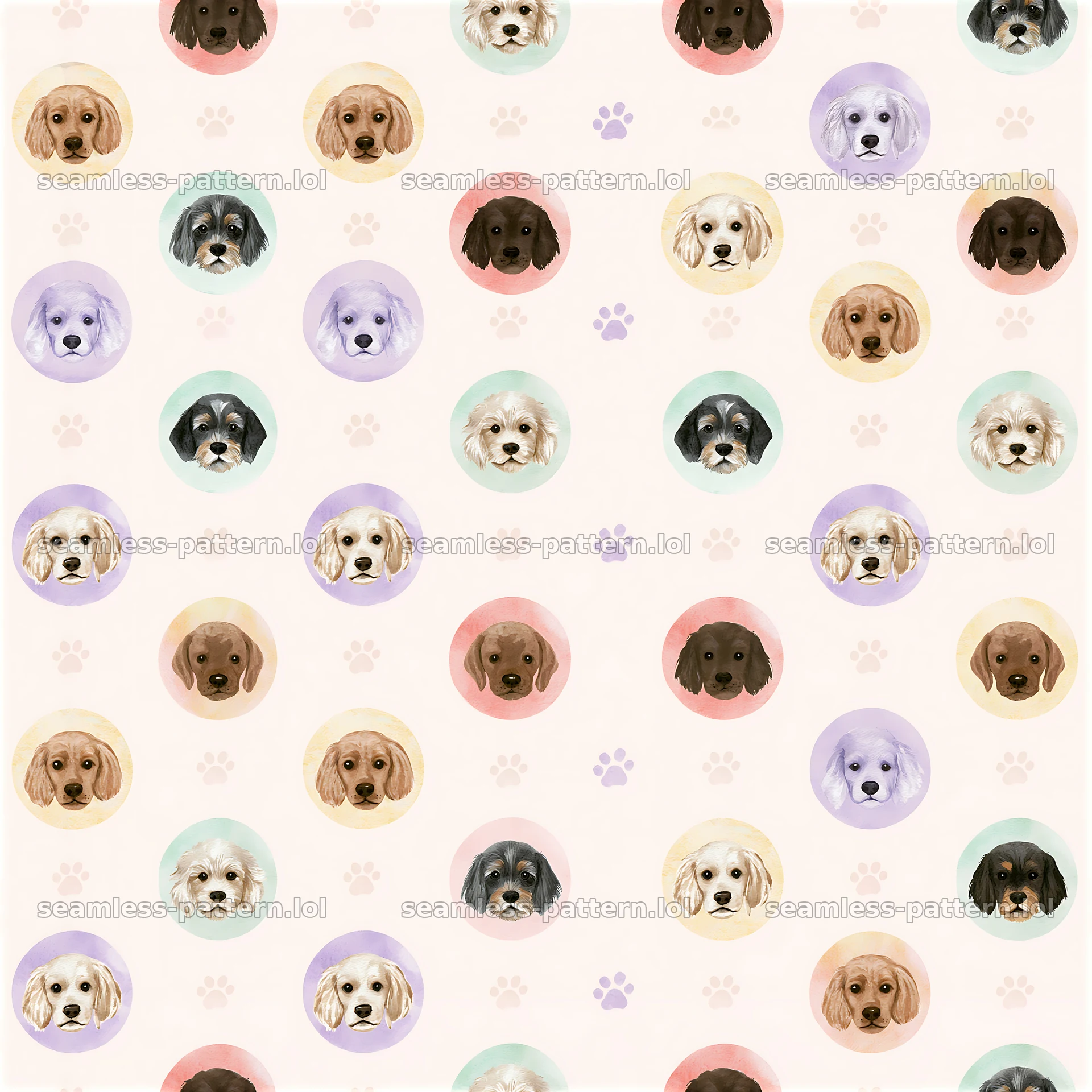 Repeating pattern of dog heads in circles with soft pastel colors — seamless tileable pattern at 8192x8192