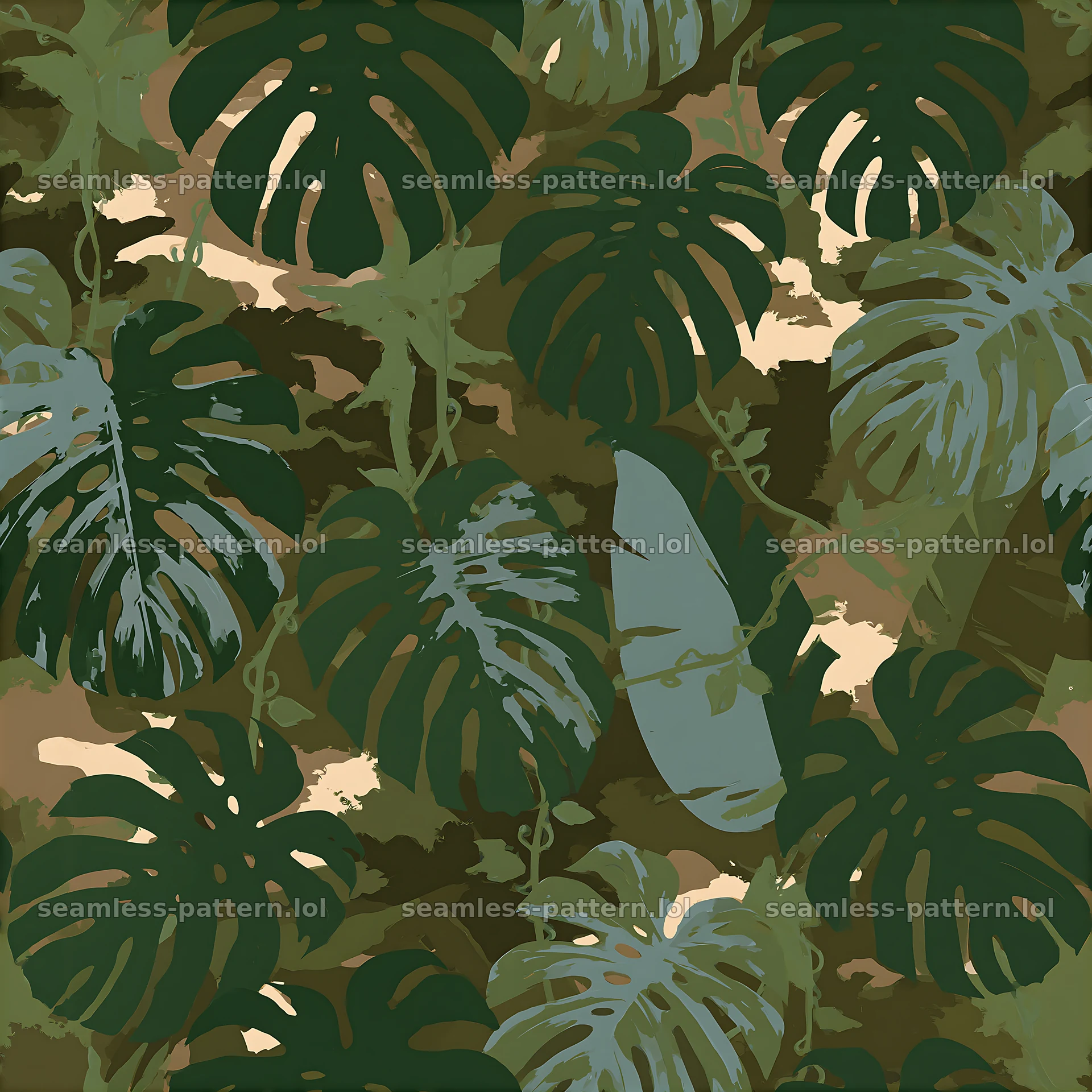 Green jungle camouflage repeating pattern with tropical leaves — seamless tileable pattern at 8192x8192
