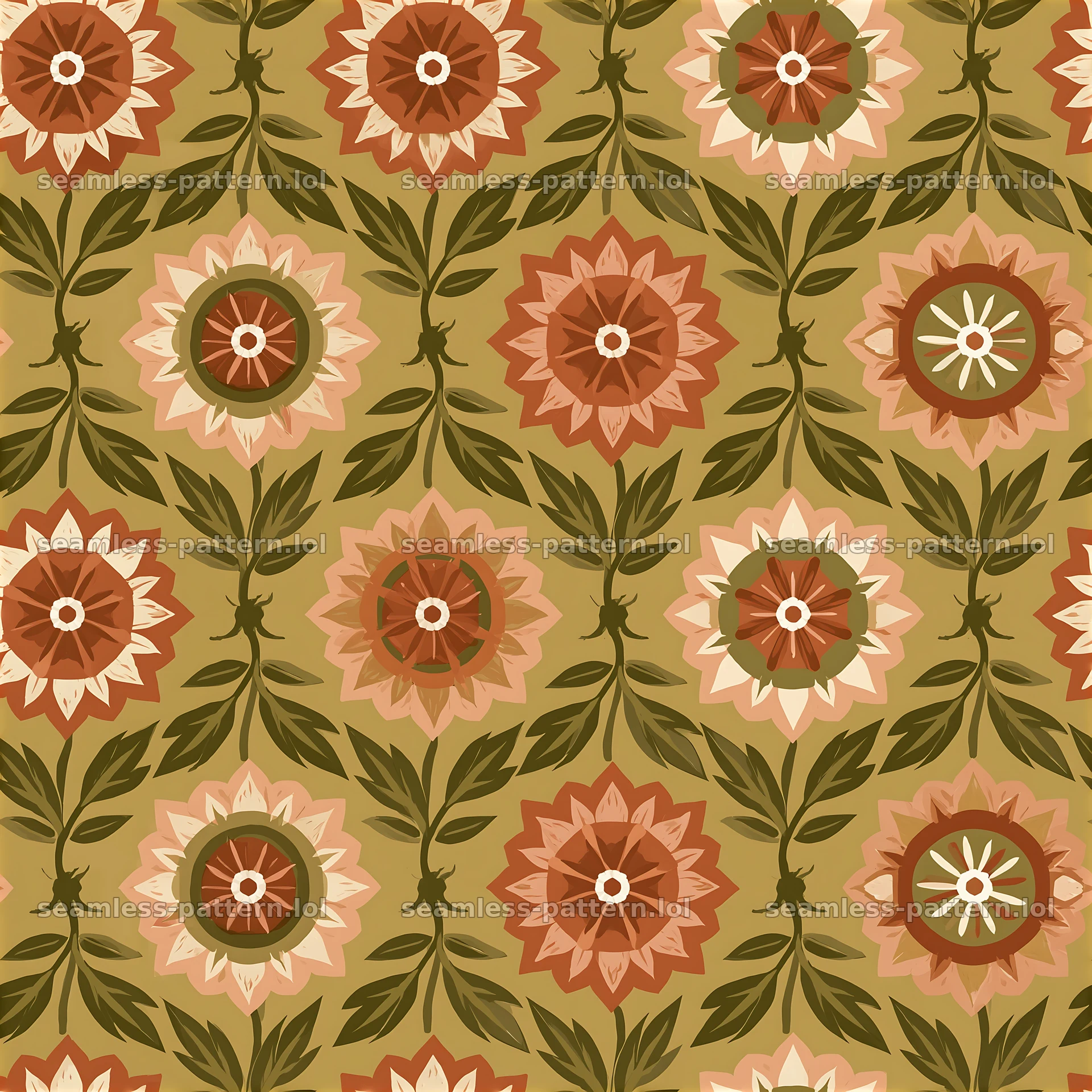 Vintage flower tileable pattern with floral motifs and green leaves — seamless tileable pattern at 8192x8192