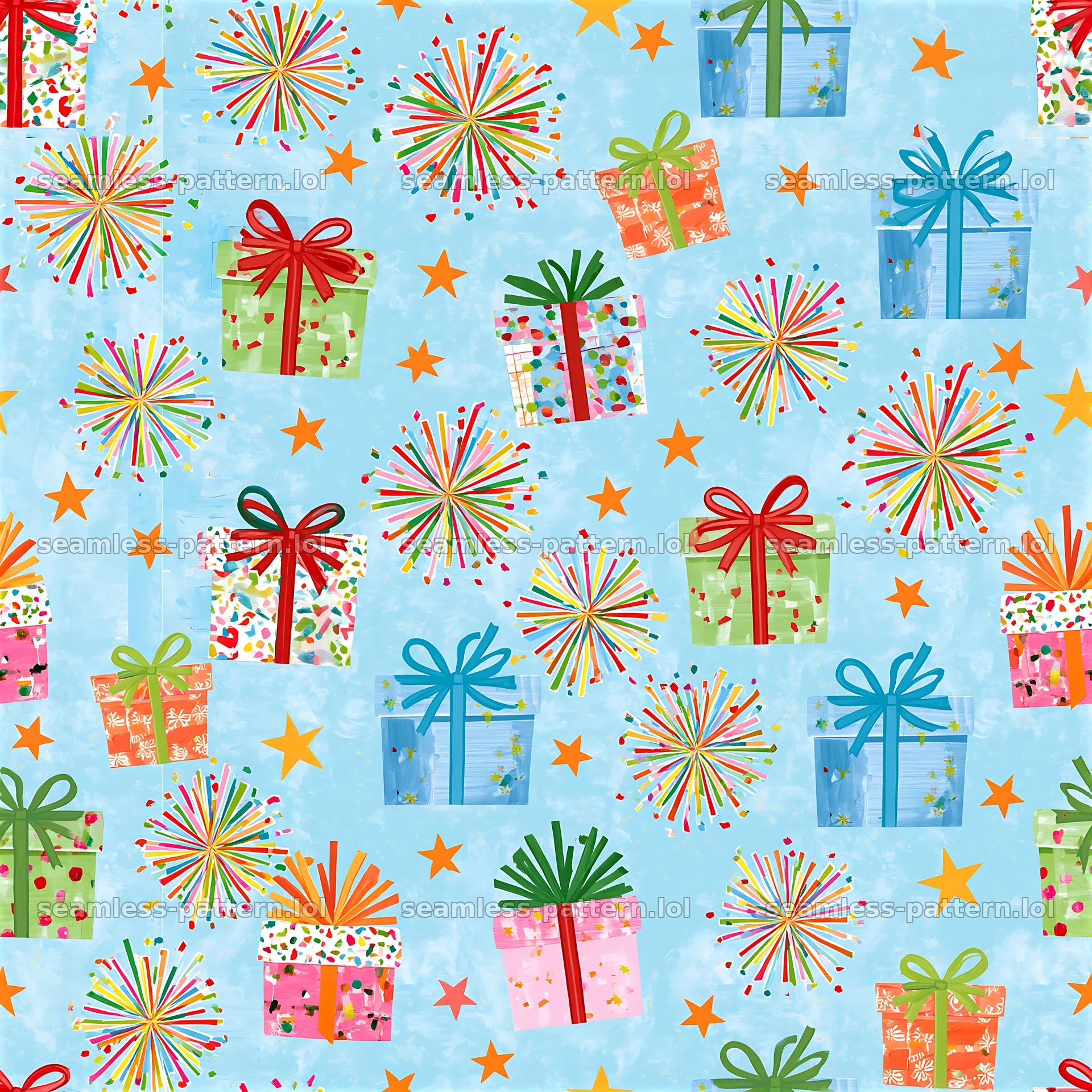 Pattern/birthday scrapbook repeat pattern with gifts and decorations — seamless tileable pattern at 8192x8192