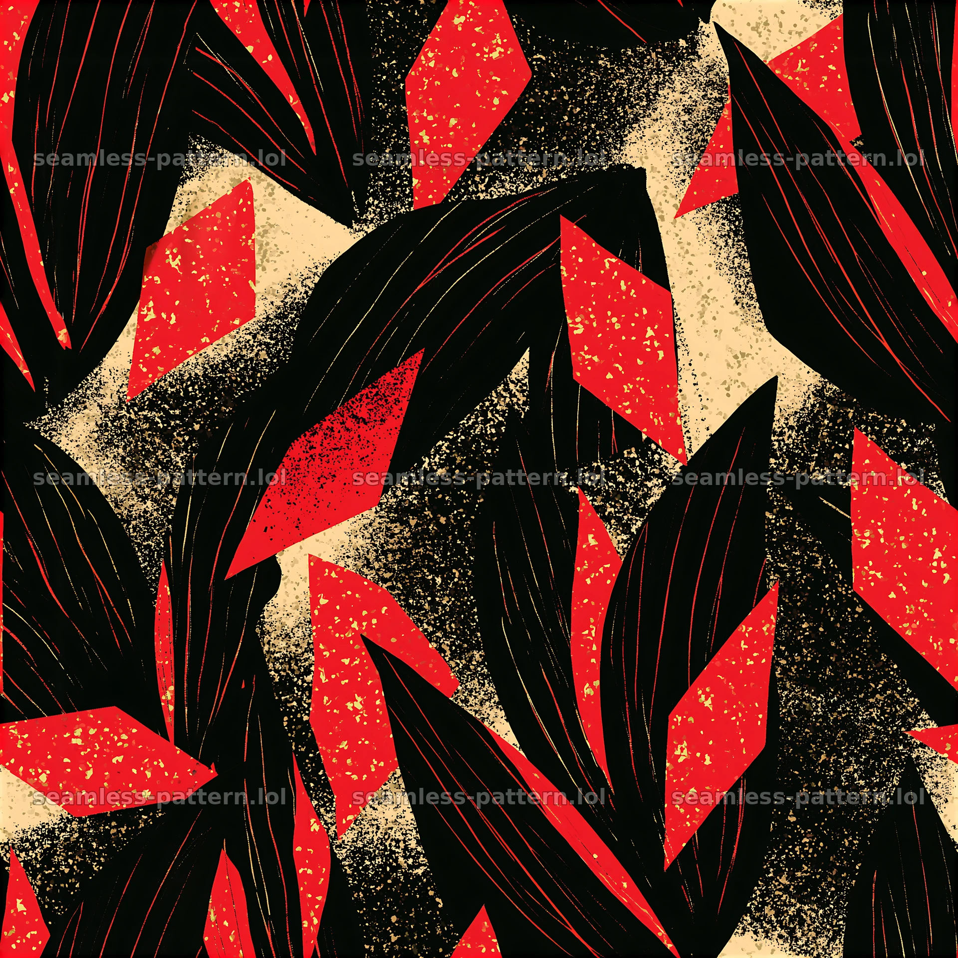 Bold abstract black red gold seamless pattern with leaves — seamless tileable pattern at 8192x8192