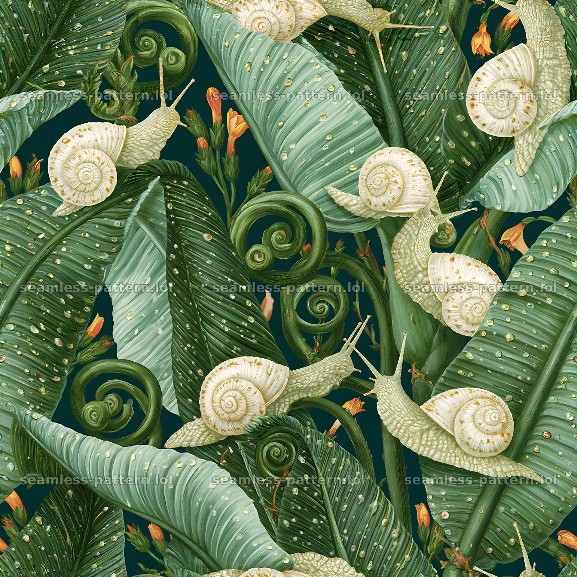 Seamless pattern with realistic garden snails and green leaves — seamless tileable pattern