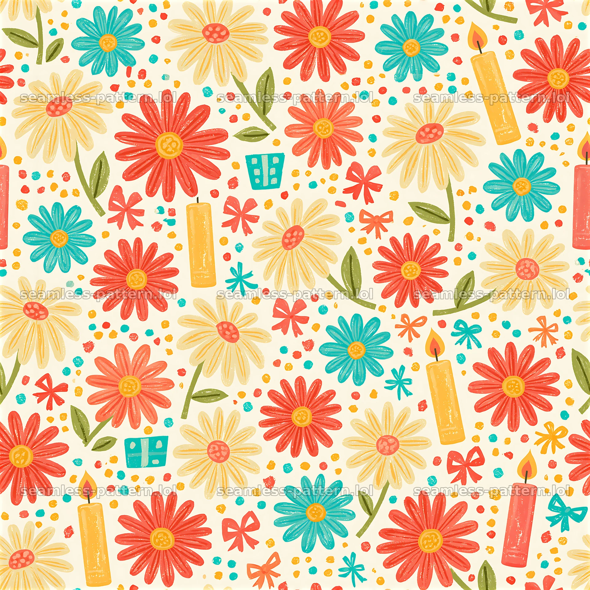Birthday floral birthday seamless pattern with colorful flowers and candles — seamless tileable pattern at 8192x8192