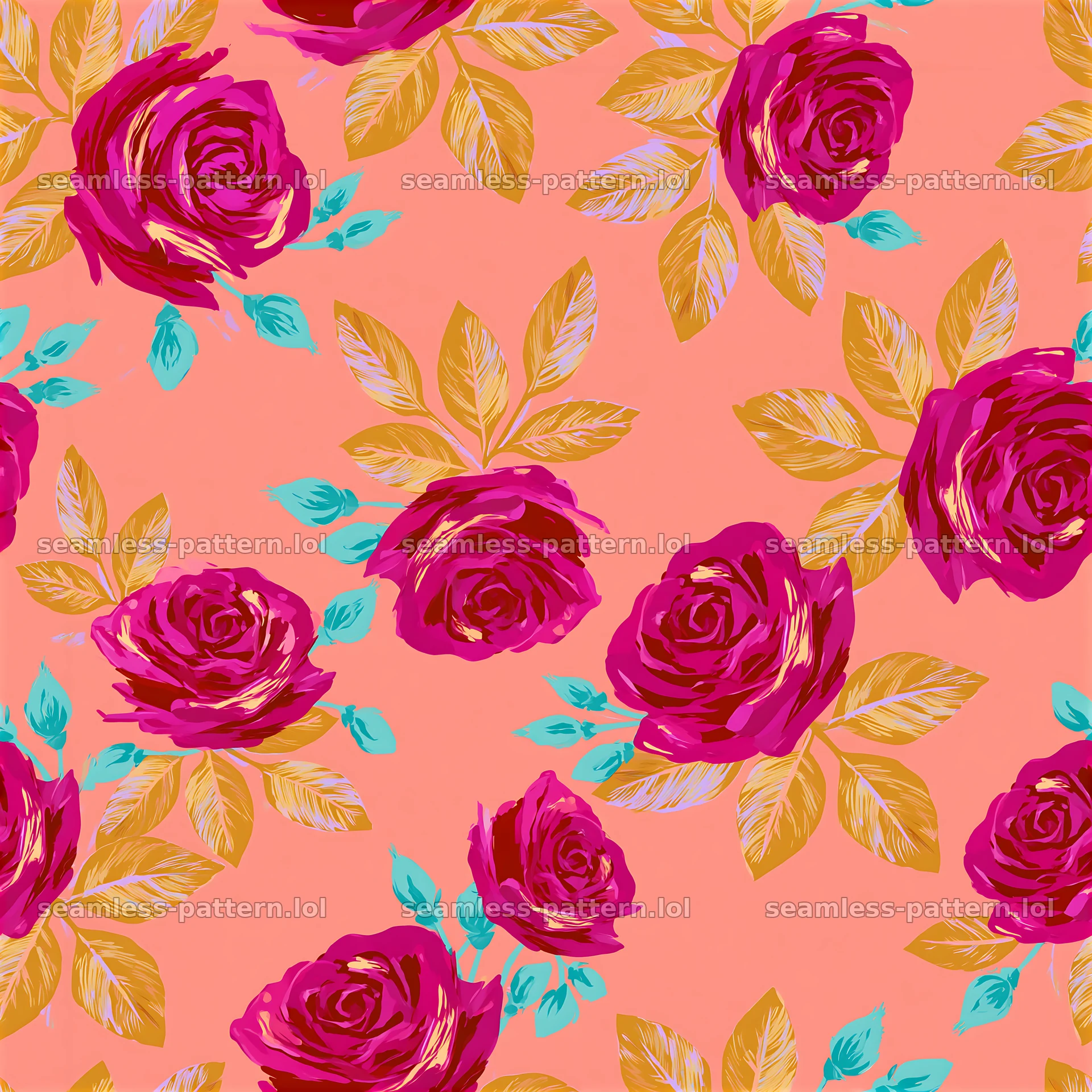 Cheerful rose seamless pattern with pink background and gold leaves — seamless tileable pattern at 8192x8192
