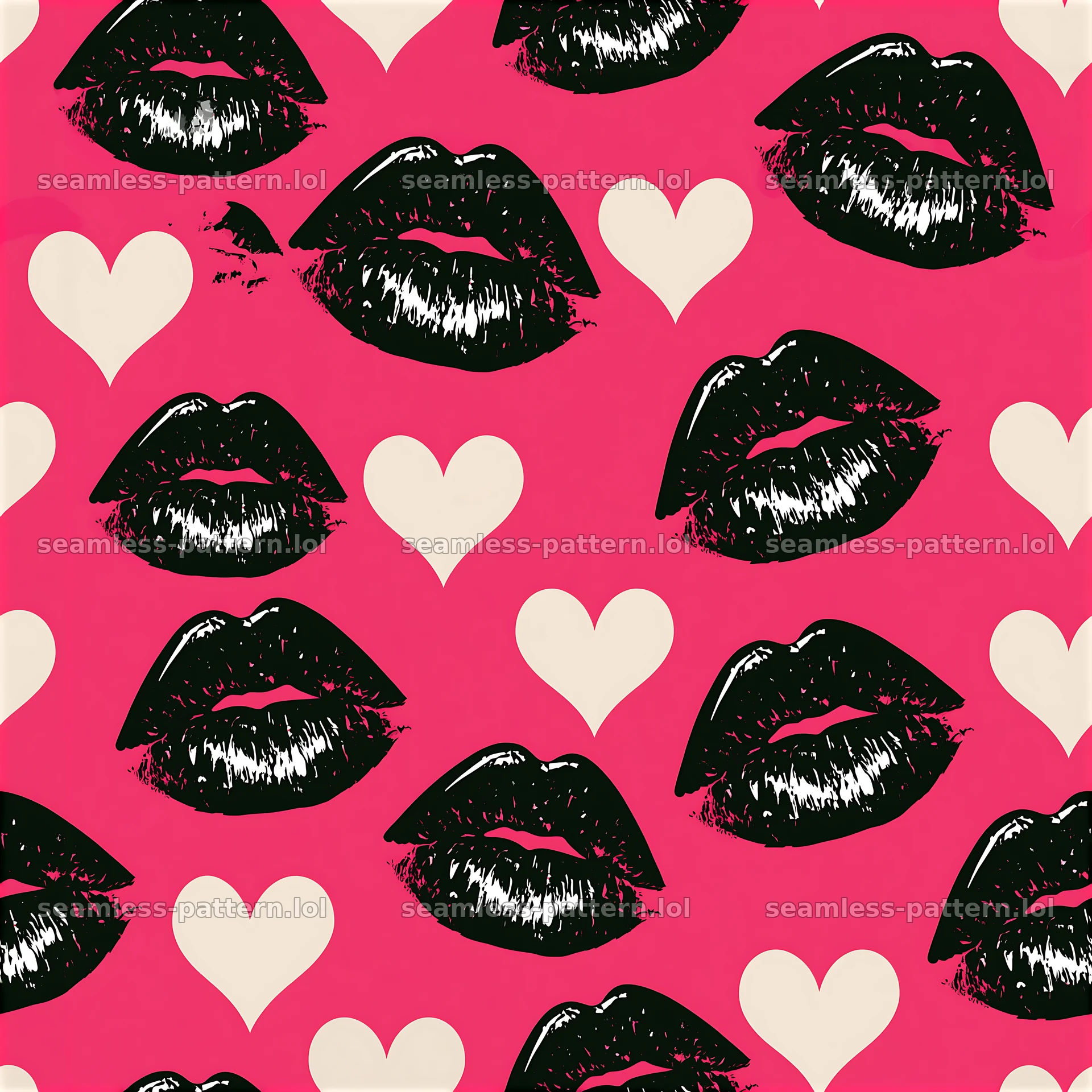 Repeat pattern with glossy lipstick prints and hearts on bright background — seamless tileable pattern at 8192x8192