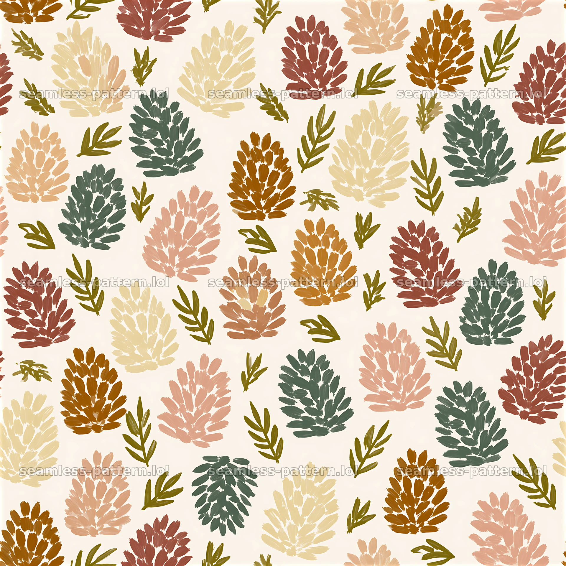 Repeating pinecone pattern with green and earthy colors on light background — seamless tileable pattern at 8192x8192