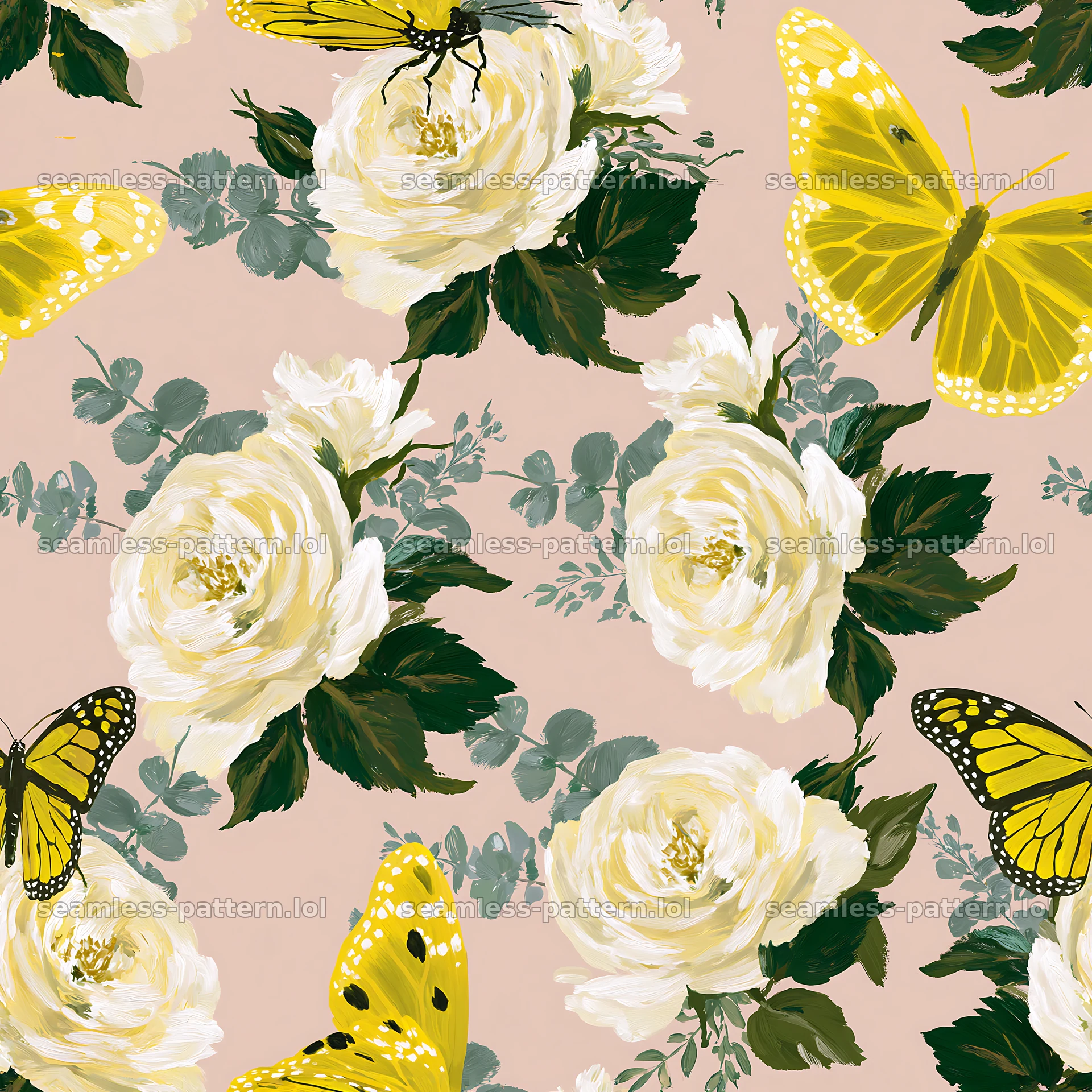 Butterfly and rose seamless pattern on a light background — seamless tileable pattern