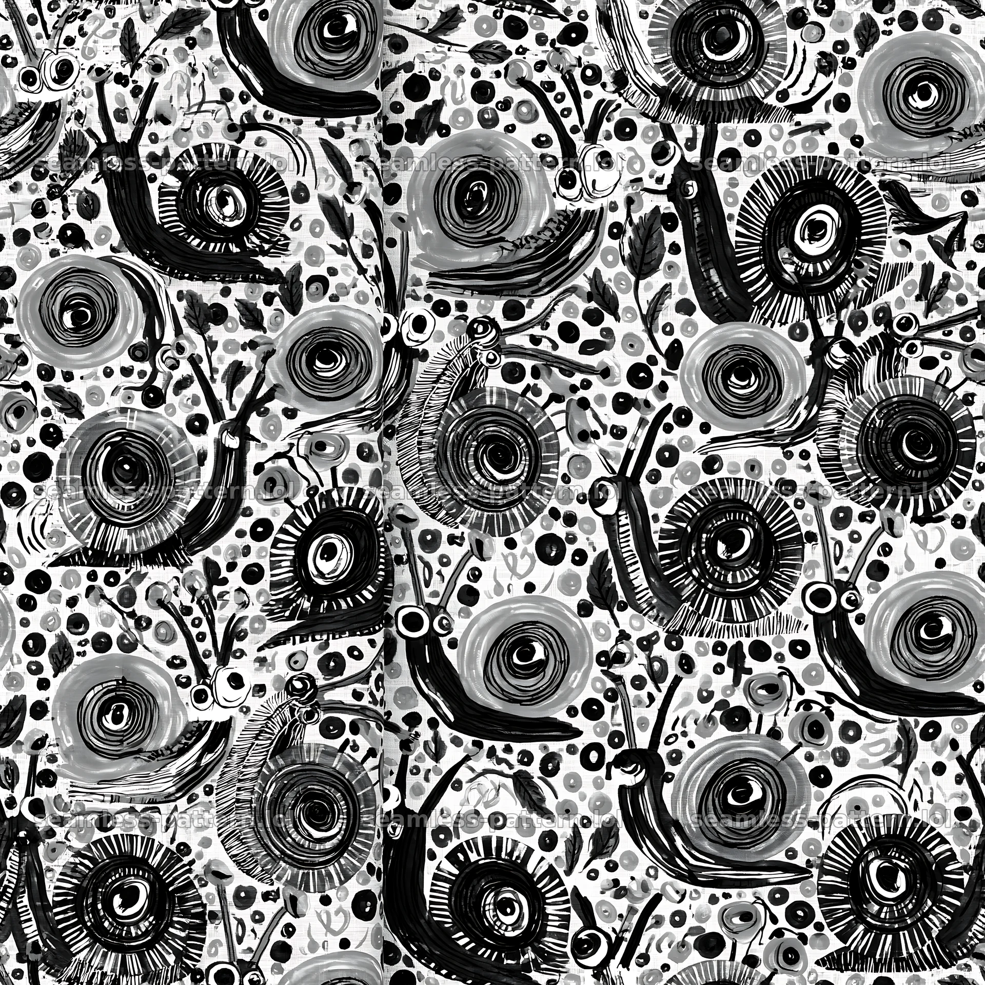 Repeating pattern of hand-drawn snails in black and white — seamless tileable pattern