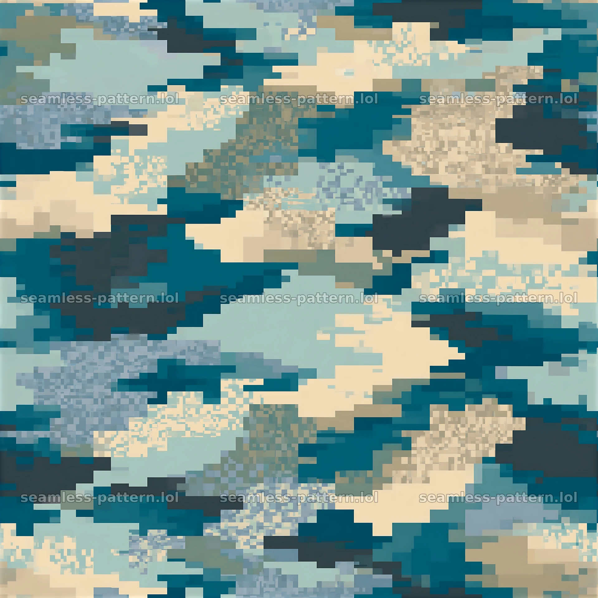 Repeat pixel camouflage pattern in shades of blue and beige — seamless tileable pattern at 8192x8192