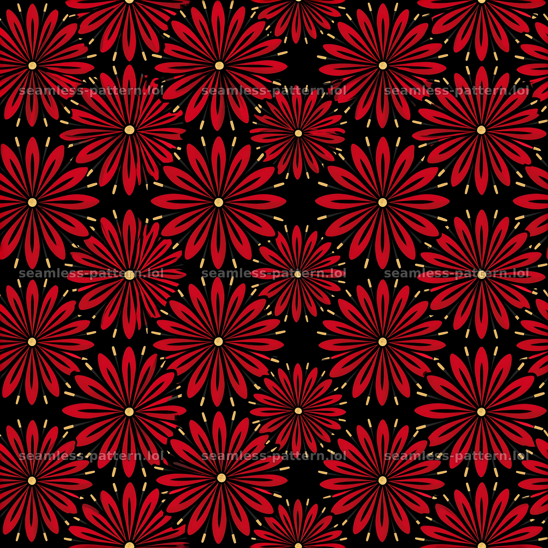 Retro black red gold tileable pattern with floral elements and gold accents — seamless tileable pattern at 8192x8192