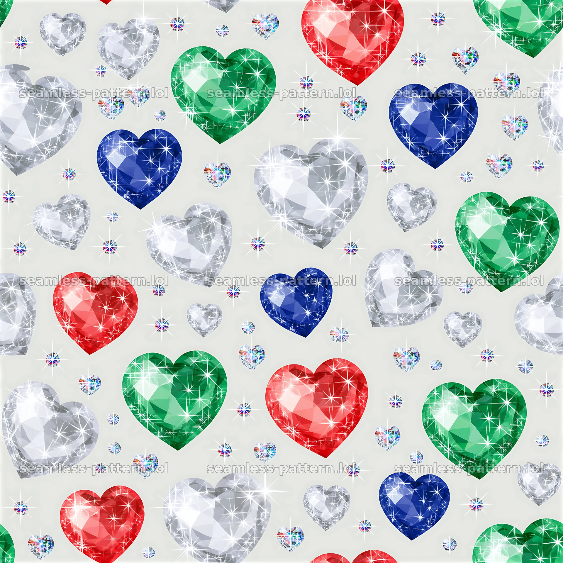 Heart crystals repeating pattern with colored gems and shine — seamless tileable pattern at 8192x8192